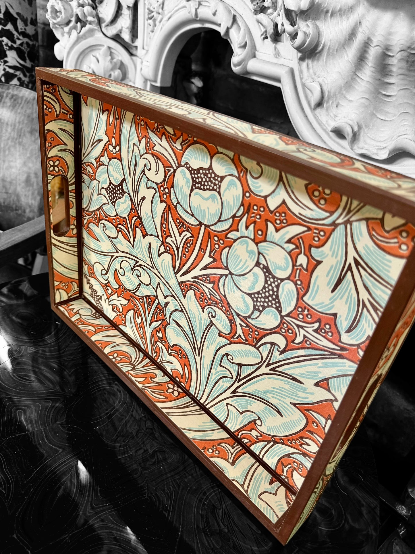 Clerkenwell - Ottoman tray available in 4 x sizes - Decoupage in William Morris Batchelor's Button by Morris & Co in Orange/Sky colourway