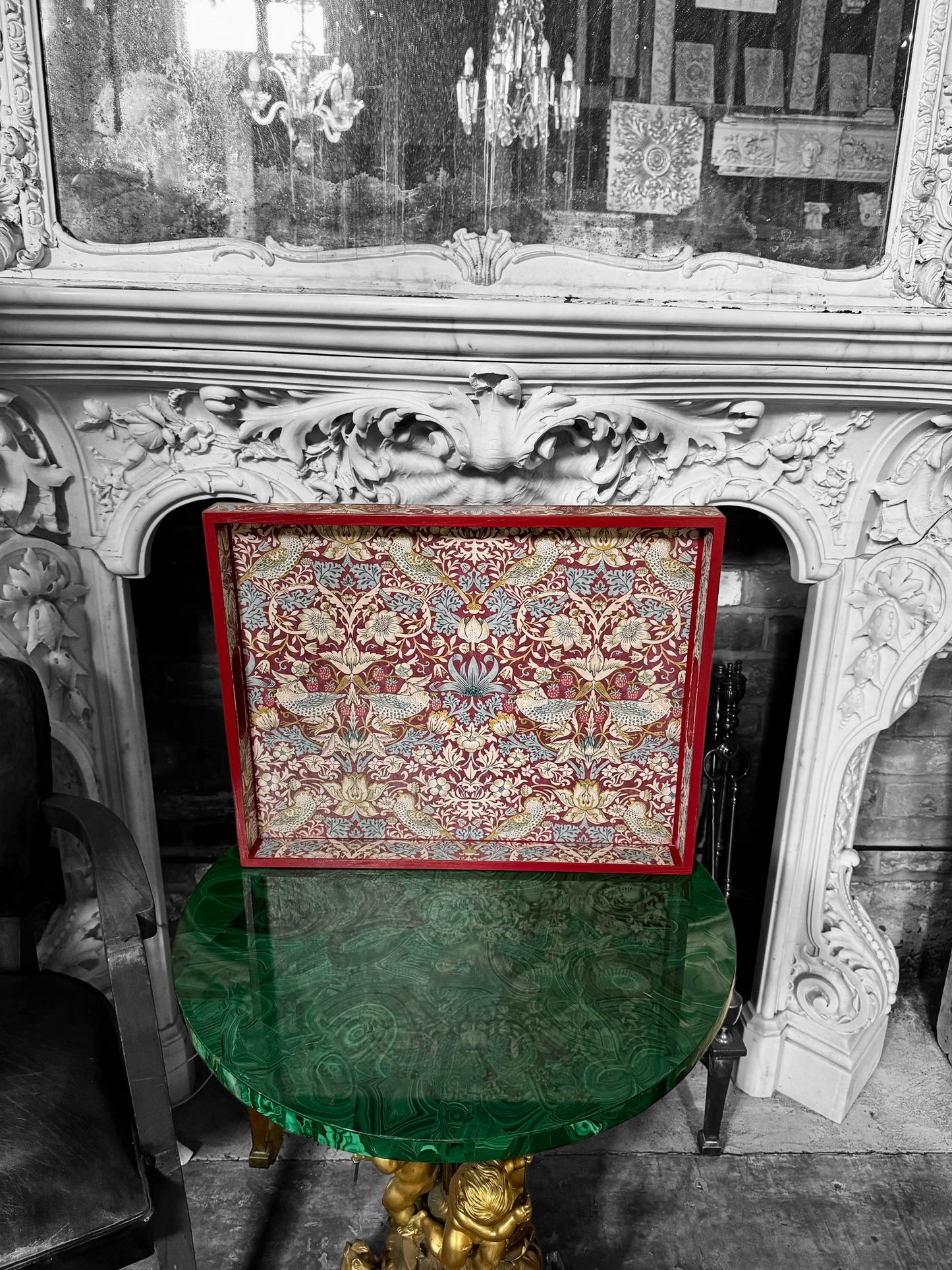 Kelmscott 'The red edit' - Ottoman tray available in 4 x sizes - Decoupage in William Morris Strawberry Thief by Clarke & Clarke in plum colourway