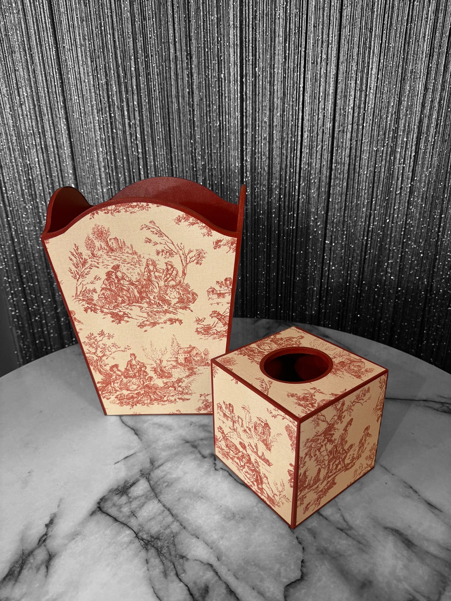 Red Toile de Jouy Waste paper bin, waste paper basket, square tissue box cover matching set. Handmade by Beatrice Bloom London
