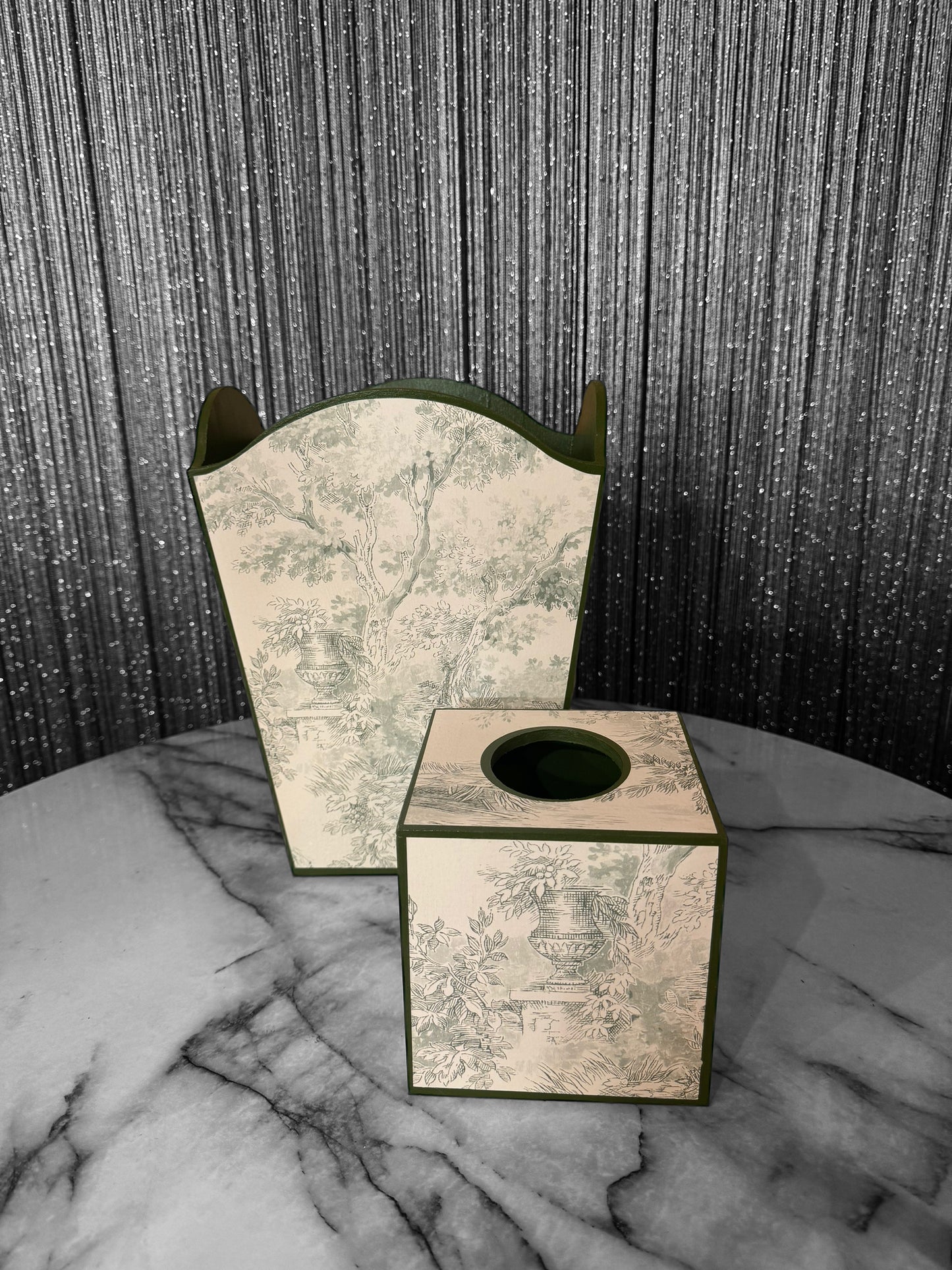 Green Toile de Jouy Waste paper bin, waste paper basket, square tissue box cover matching set. Handmade by Beatrice Bloom London