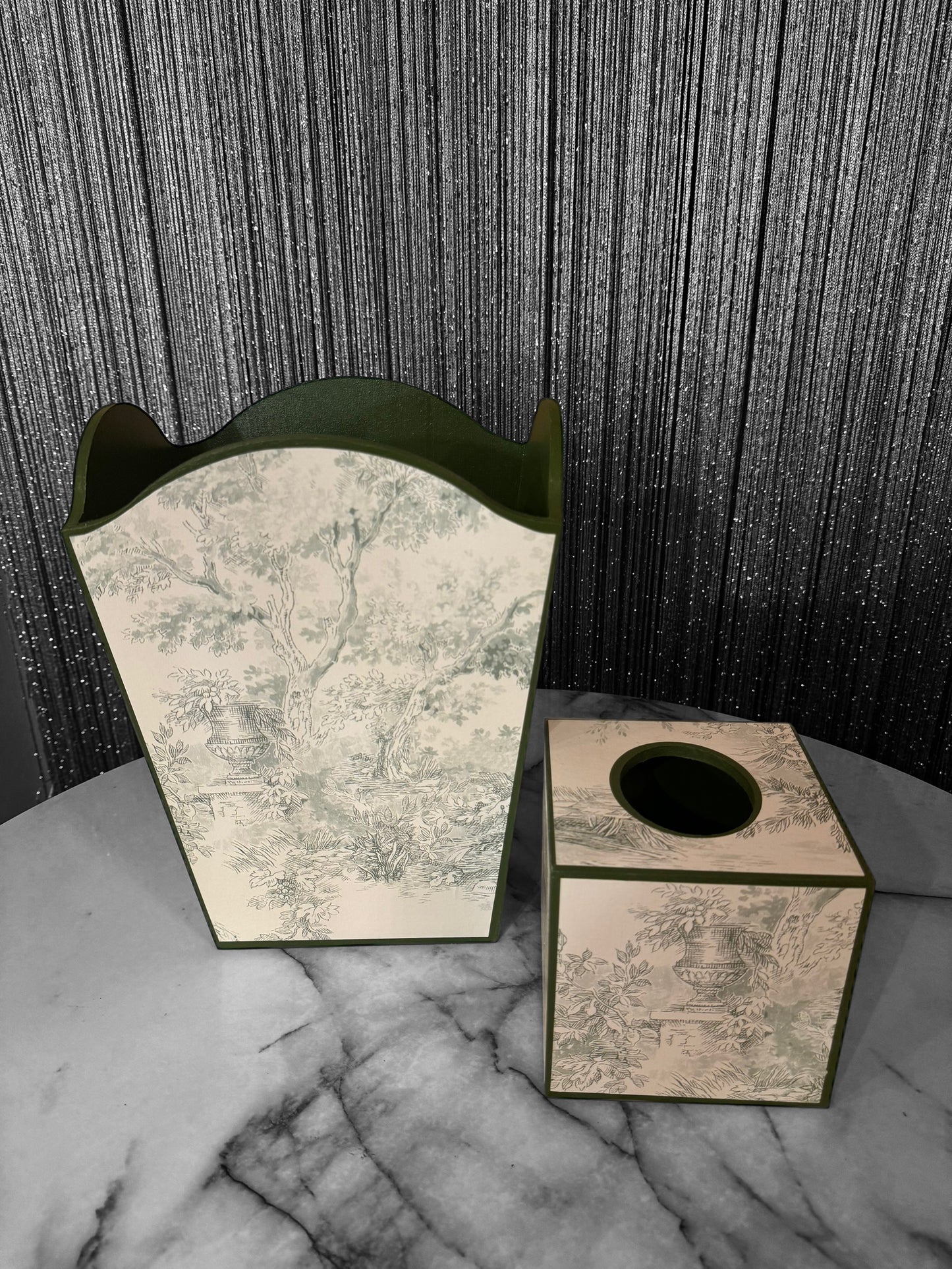 Green Toile de Jouy Waste paper bin, waste paper basket, square tissue box cover matching set. Handmade by Beatrice Bloom London
