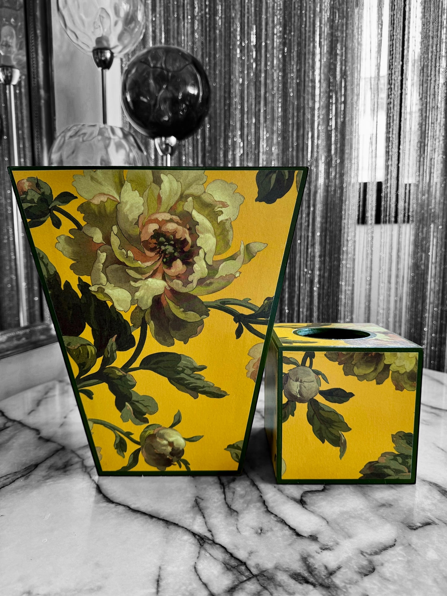 Notting Hill - Matching set - Waste paper bin & square or rectangle tissue box cover - Decoupage in Peoneden by House of Hackney in ochre colourway