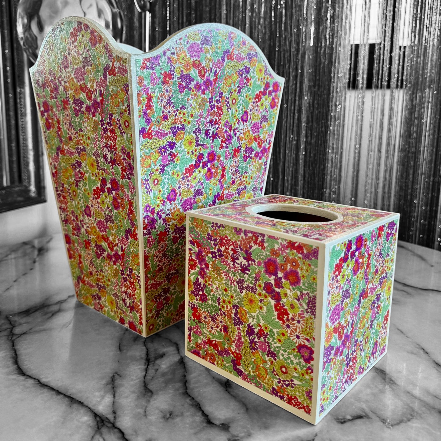 Regents St - Matching set - Waste paper bin & square or rectangle tissue box cover - Decoupage in Tana Lawn by Liberty London in pink colourway.