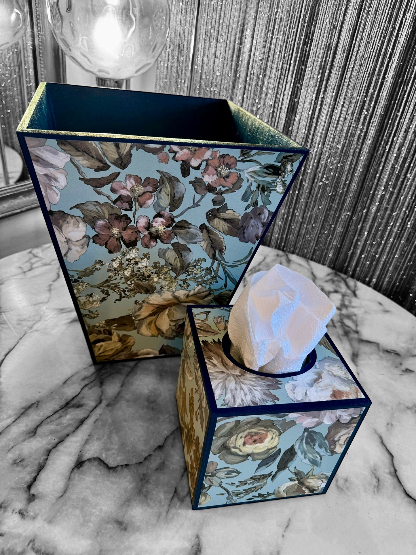 Brighton - Matching set - Waste paper bin & square or rectangle tissue box cover - Decoupage in Designers Guild/Mansur in Eau De Nil colourway
