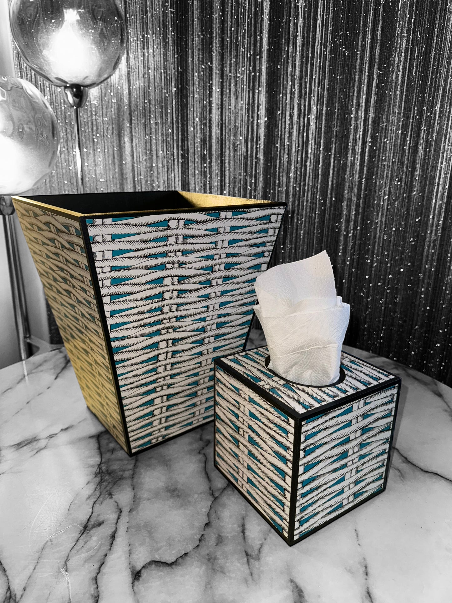 Christian Lacroix X Designers Guild Barbade Aqua waste paper bin & tissue box holder set,handmade by Beatrice Bloom London