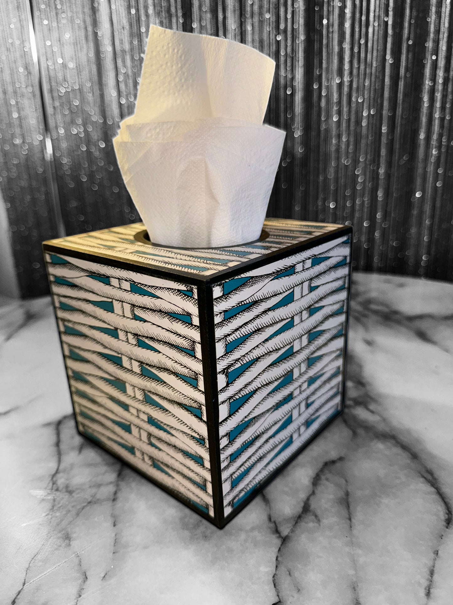 Christian Lacroix X Designers Guild Barbade Aqua waste paper bin & tissue box holder set,handmade by Beatrice Bloom London
