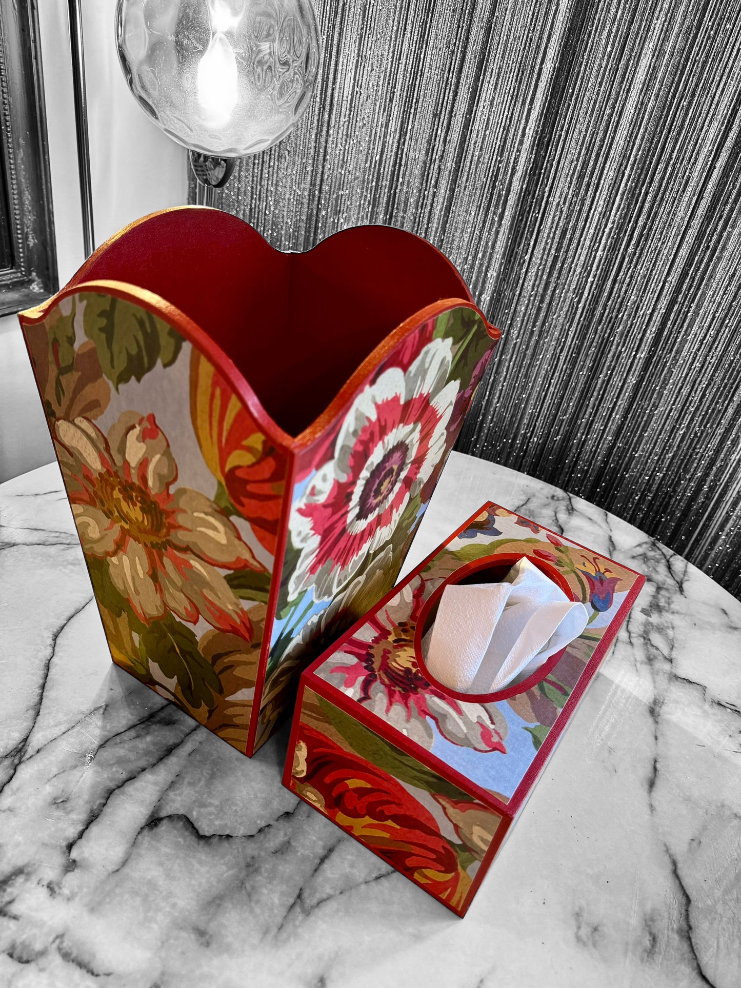 Brighton - Matching set - Waste paper bin and square or round tissue box cover - Decoupage in Florescence by House of Hackney in Azure colourway
