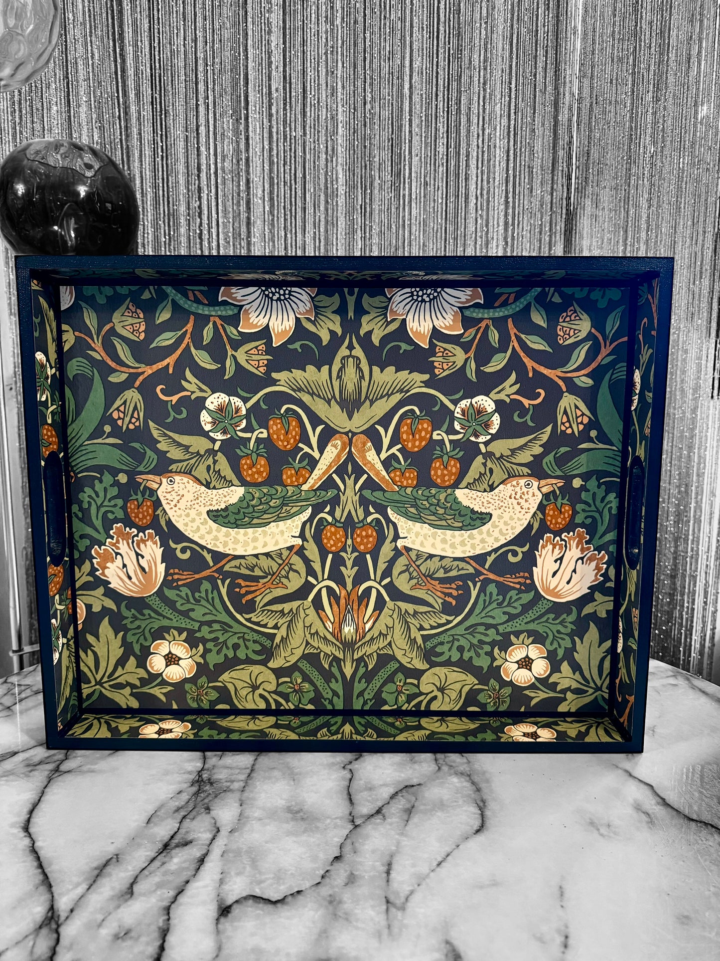 Weybridge - Ottoman tray available in 4 x sizes - Decoupage in William Morris Strawberry Thief in navy colourway