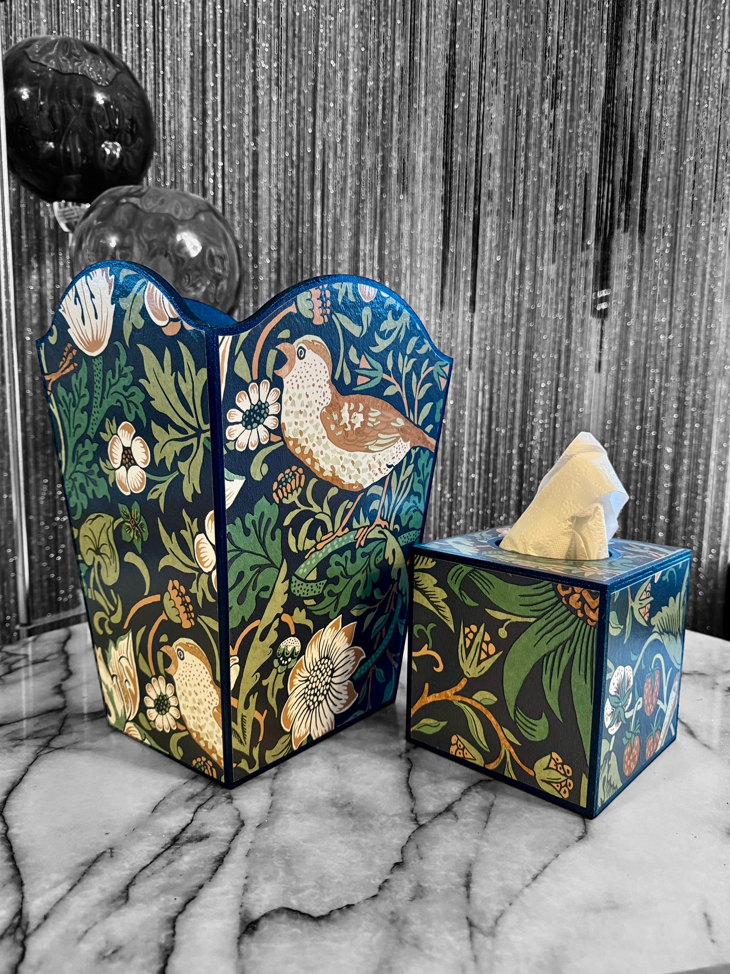 Weybridge - Matching set - option for square or rectangle tissue box cover Decoupage in William Morris Strawberry Thief in navy and green colourway
