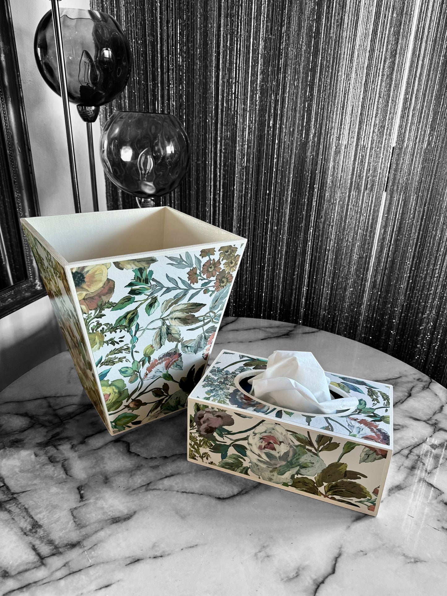 Hove - Matching set - Waste paper bin and square or rectangle tissue box cover - Decoupage in Designers Guild Mansur zinc colour way