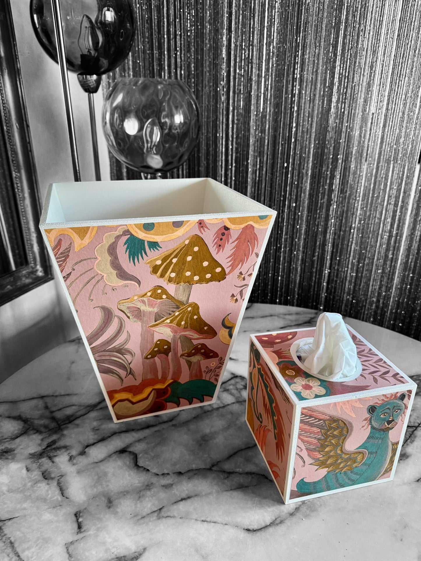 Stoke Newington - Matching set option for square or rectangle tissue box cover - Decoupage in Phantasia by House of Hackney in Tourmaline colourway.