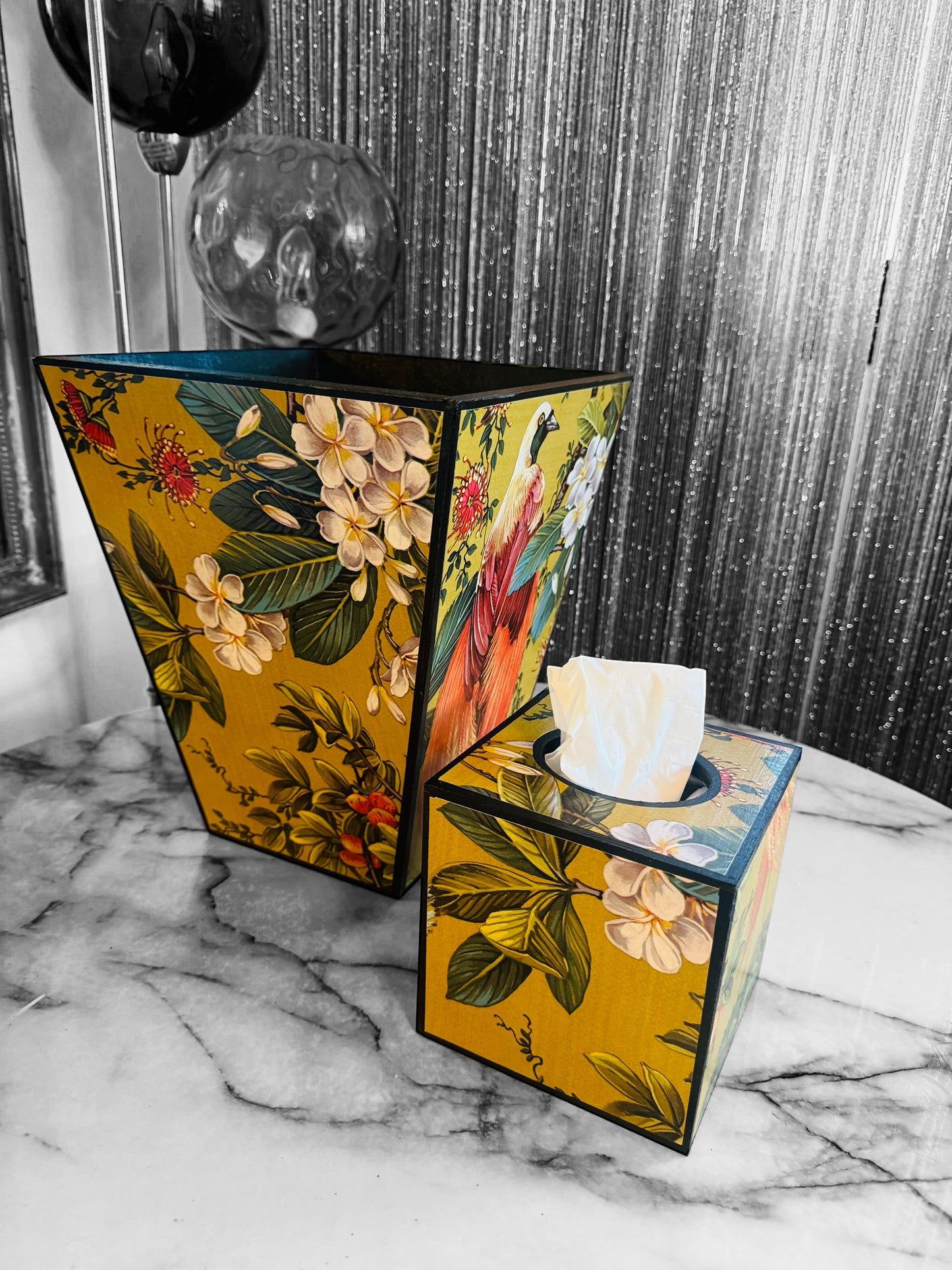 Greenwich - Matching set - Waste paper bin and square or rectangle tissue box cover - Decoupage in Songbird oriental in gold colourway