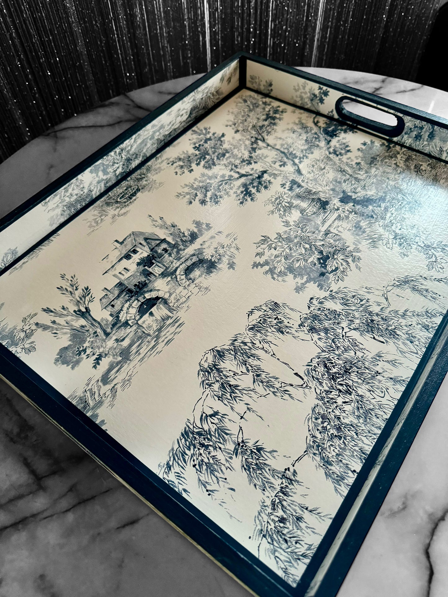 Paris - Ottoman tray available in 4 x sizes - Decoupage in Navy Toile de Jouy in navy colourway