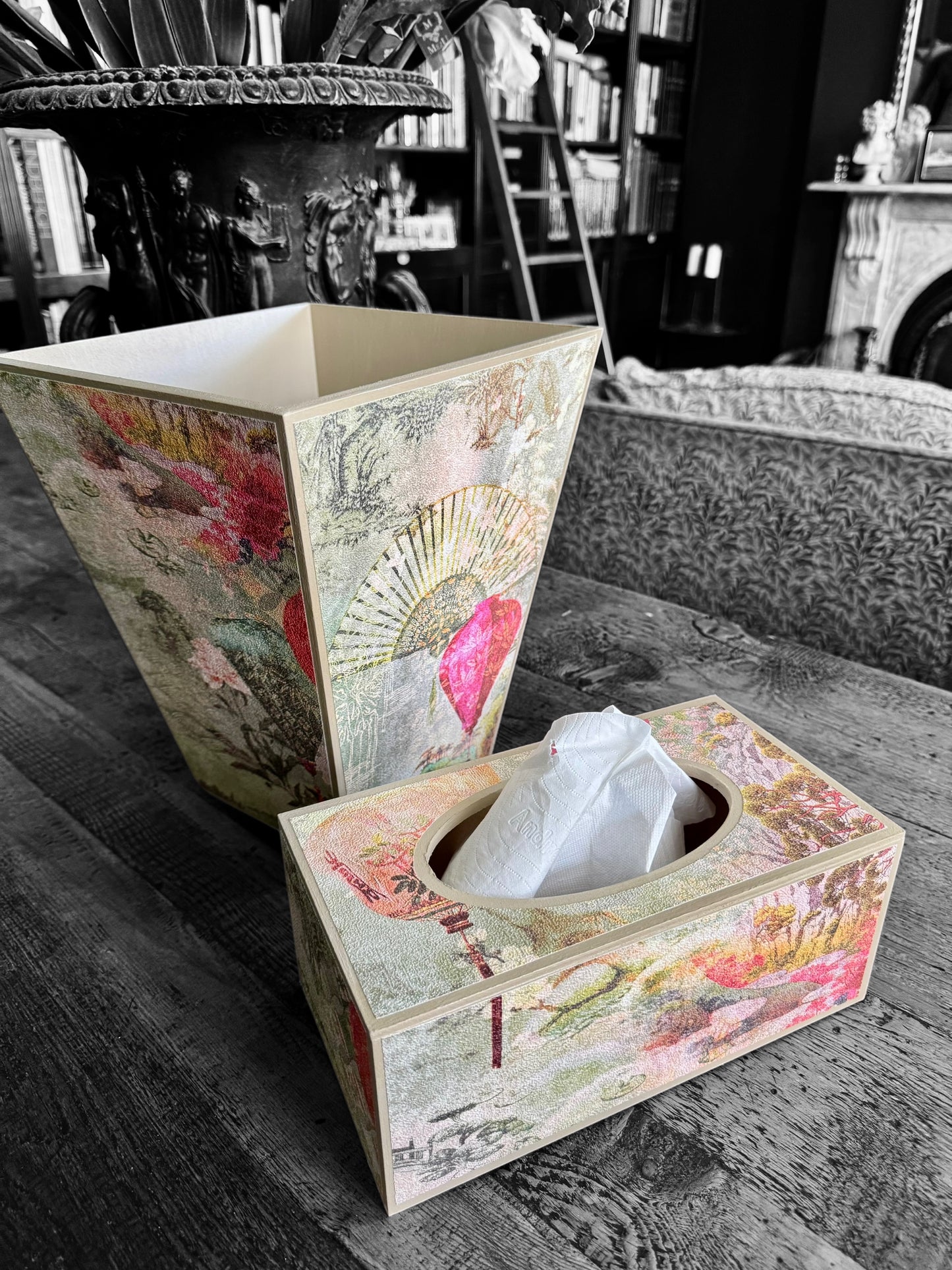 Tokyo - Waste paper bin and matching tissue box cover - Decoupage in intricate Japanese garden inspired textured paper
