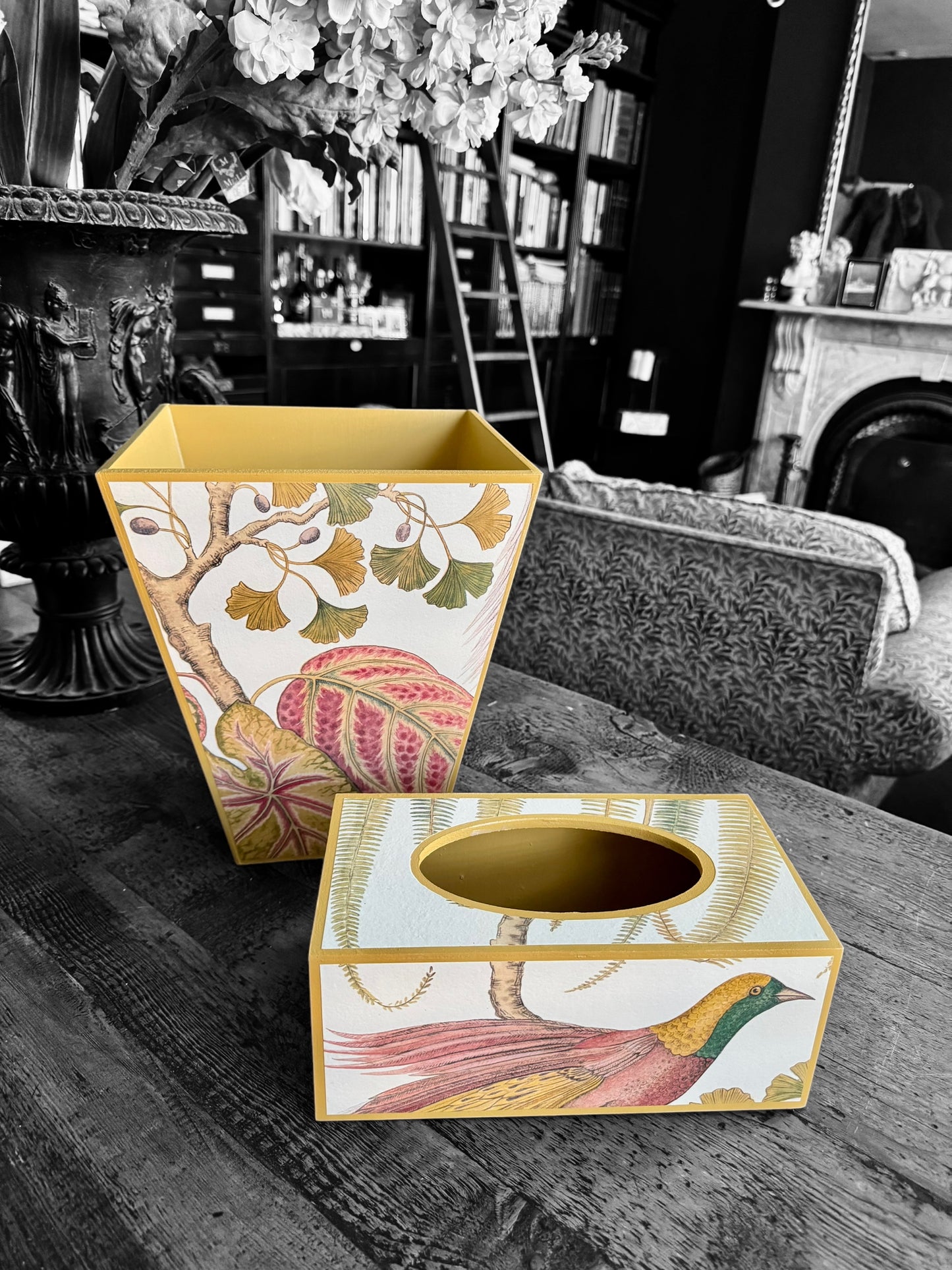 Kew *Spring 25 edition* Waste paper bin & matching tissue box cover - Decoupage in Bird of Paradise by Sanderson in Olive colourway