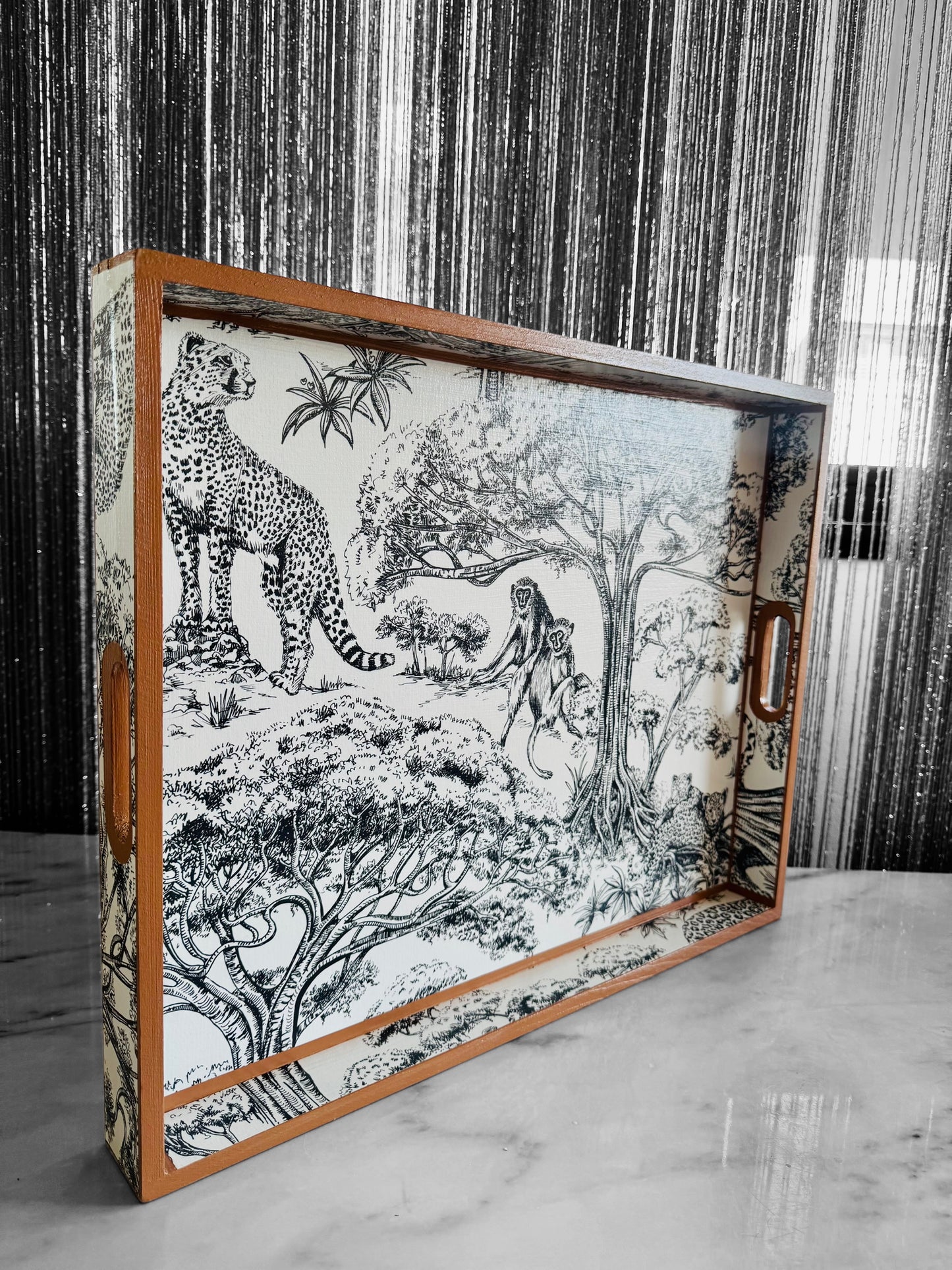 Cape Town - Ottoman tray available in 4 x sizes - Decoupage in Clarke & Clarke Kisumu in black/white colour way
