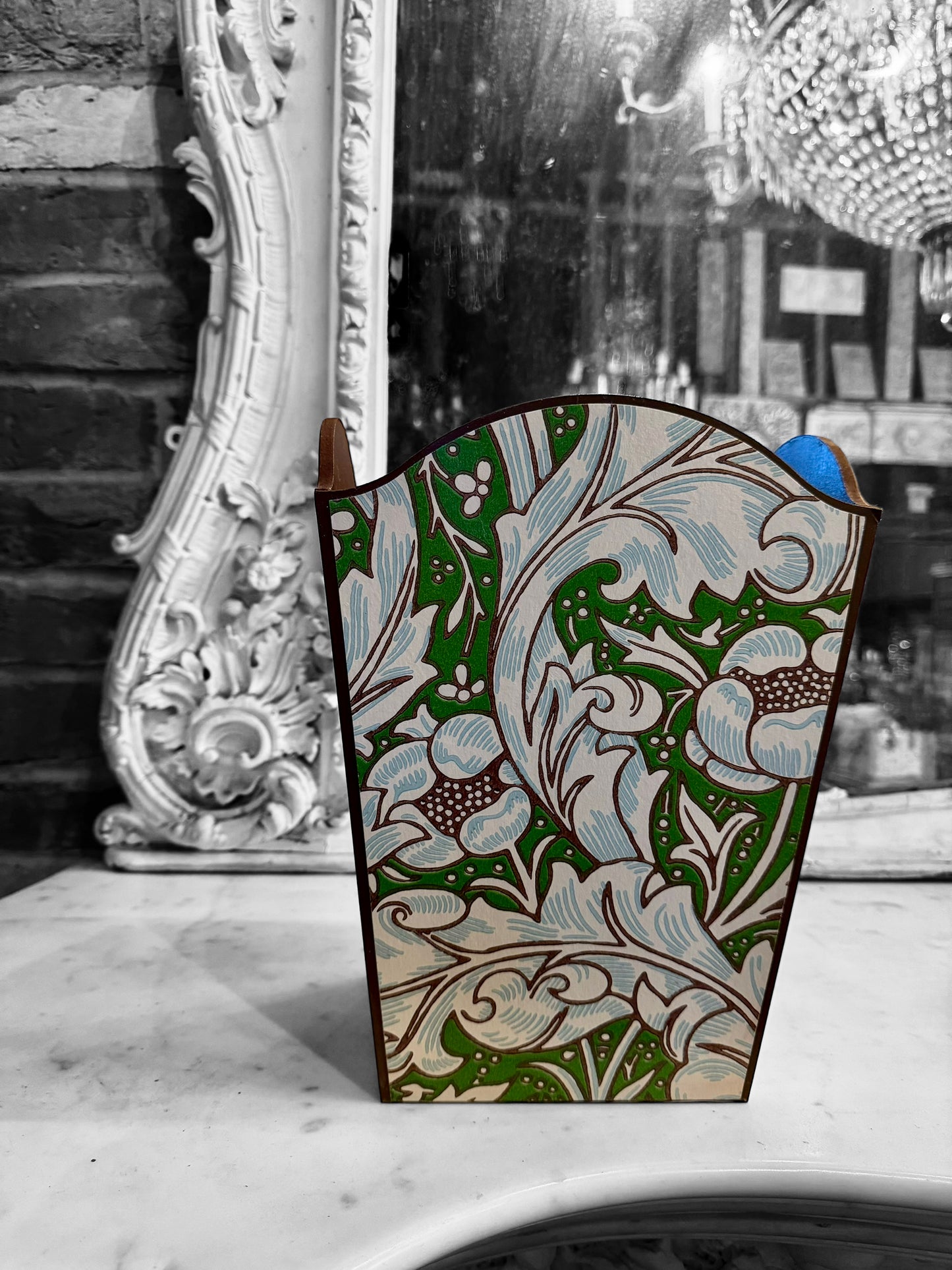 Clerkenwell waste paper bin and long tissue box cover - William Morris Batchelors Button leaf green/Sky. Handmade by Beatrice Bloom London