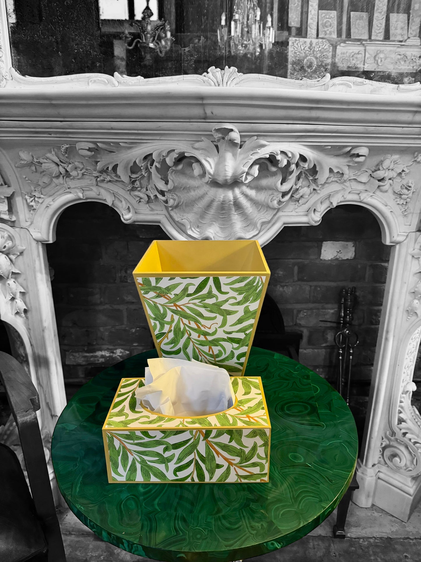 Broadstairs - Matching set - Waste paper bin and square or rectangle tissue box cover - Decoupage in William morris Willow Boughs by Morris & co in spring colourway