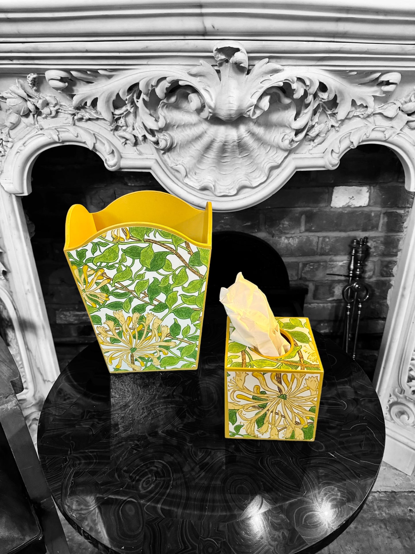 Dalston - Matching set - Waste paper bin and square or rectangle tissue box cover - Decoupage in William Morris Honeysuckle by Morris & co in cream and chocolate colourway