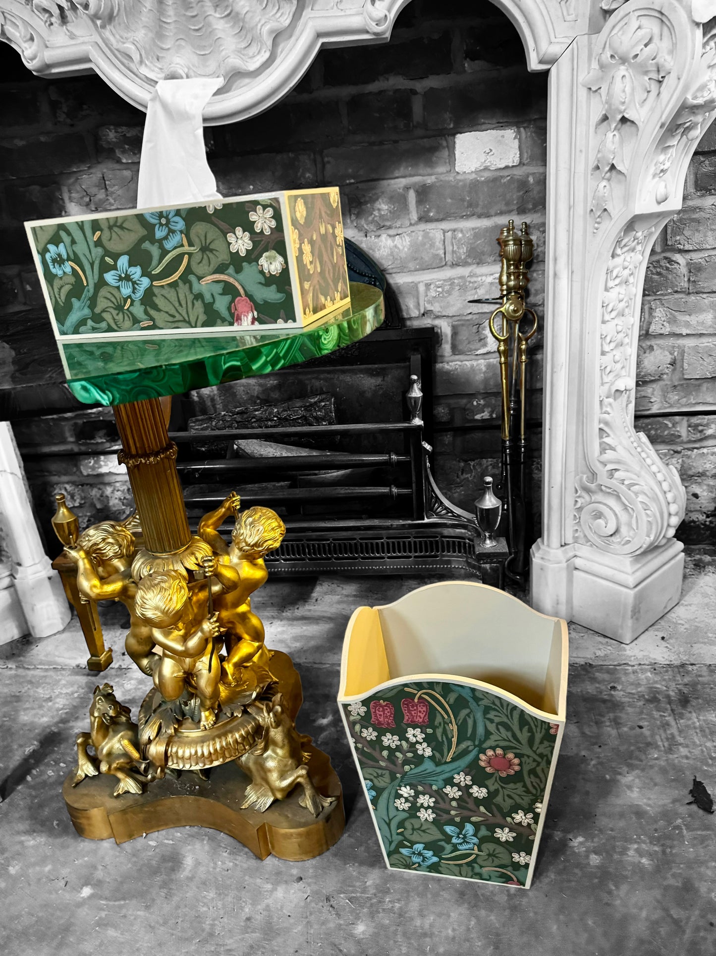 Marylebone - Matching set - Waste paper bin & square or rectangle tissue box cover - Decoupage in William Morris Blackthorn By Morris & Co in archive colourway