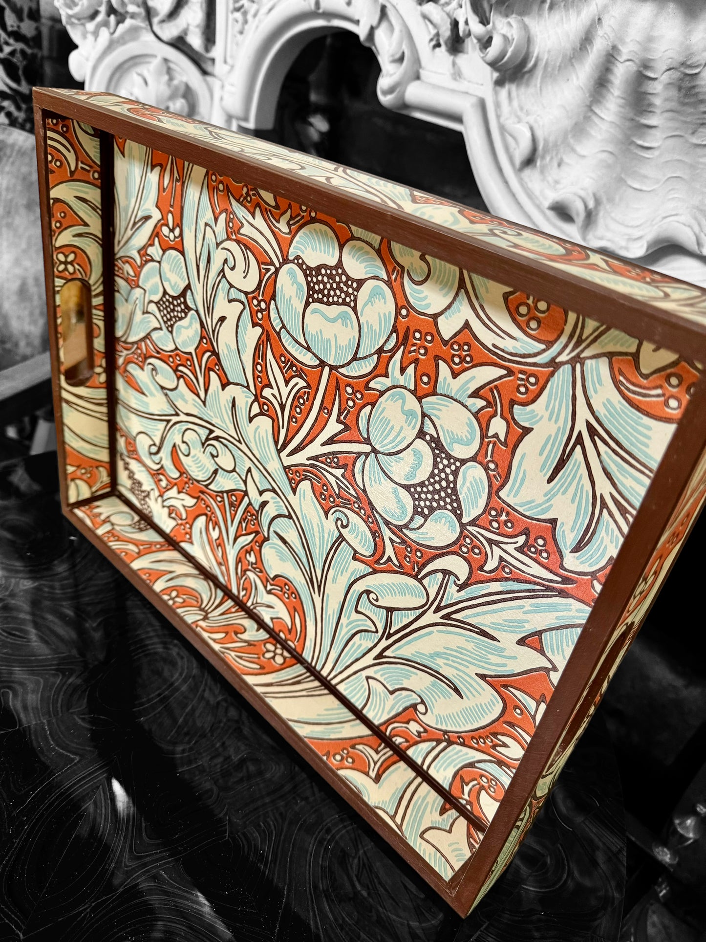 Clerkenwell - Ottoman tray available in 4 x sizes - Decoupage in William Morris Batchelor's Button by Morris & Co in Orange/Sky colourway