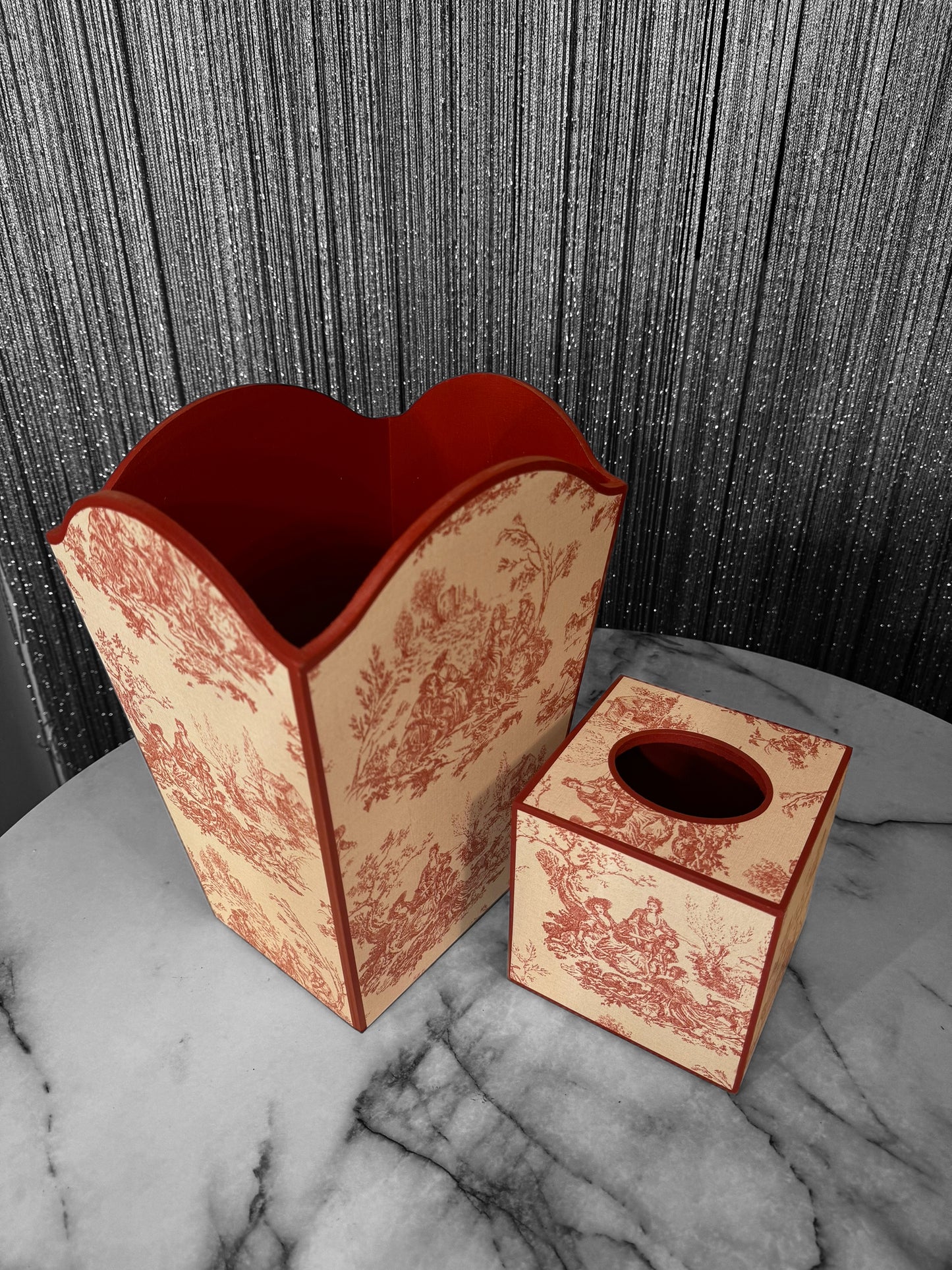 Red Toile de Jouy Waste paper bin, waste paper basket, square tissue box cover matching set. Handmade by Beatrice Bloom London