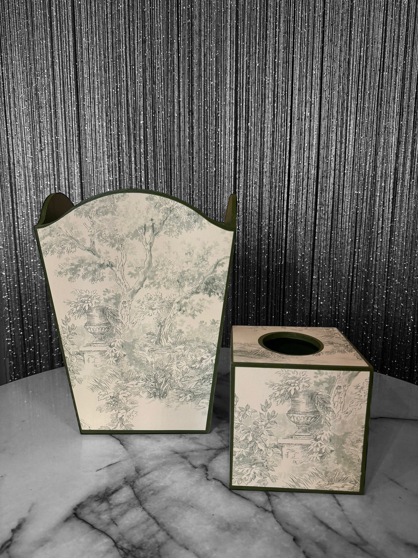 Green Toile de Jouy Waste paper bin, waste paper basket, square tissue box cover matching set. Handmade by Beatrice Bloom London
