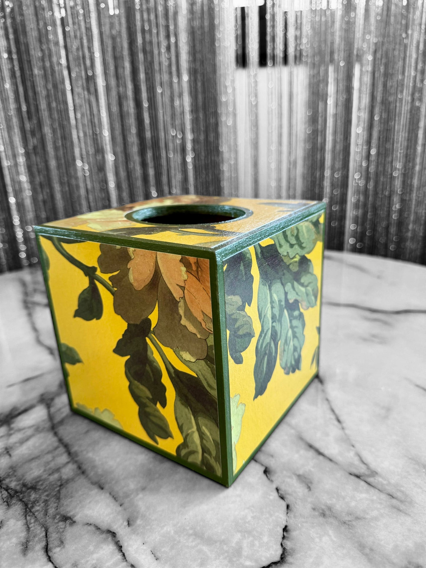 Notting Hill - Matching set - Waste paper bin & square or rectangle tissue box cover - Decoupage in Peoneden by House of Hackney in ochre colourway
