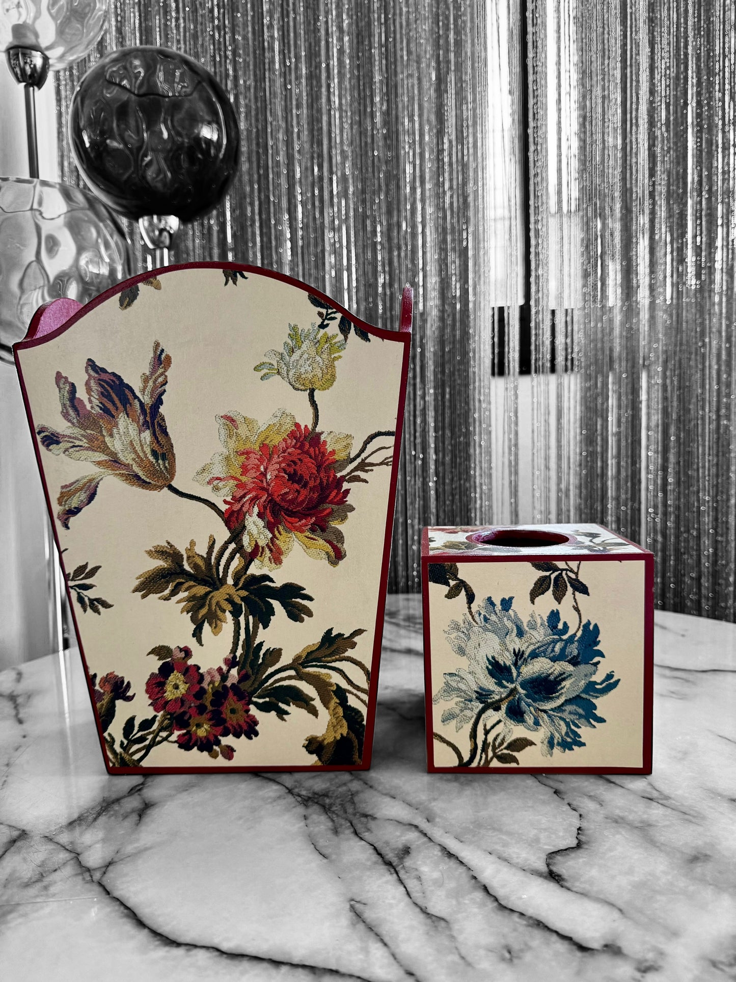 Eaton - Matching set - Waste paper bin and square or rectangle tissue box cover - Decoupage in Rosetta by House of Hackney Waste in ecru colourway