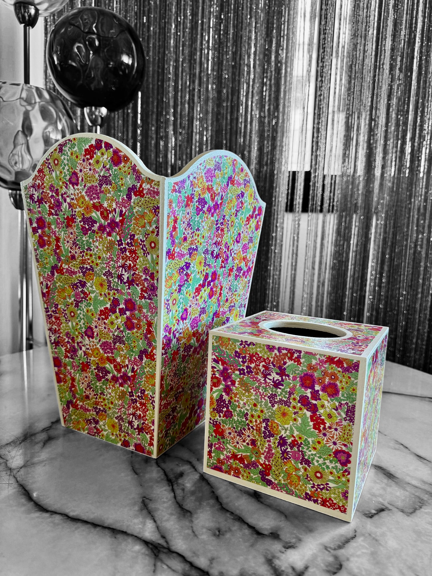Regents St - Matching set - Waste paper bin & square or rectangle tissue box cover - Decoupage in Tana Lawn by Liberty London in pink colourway.