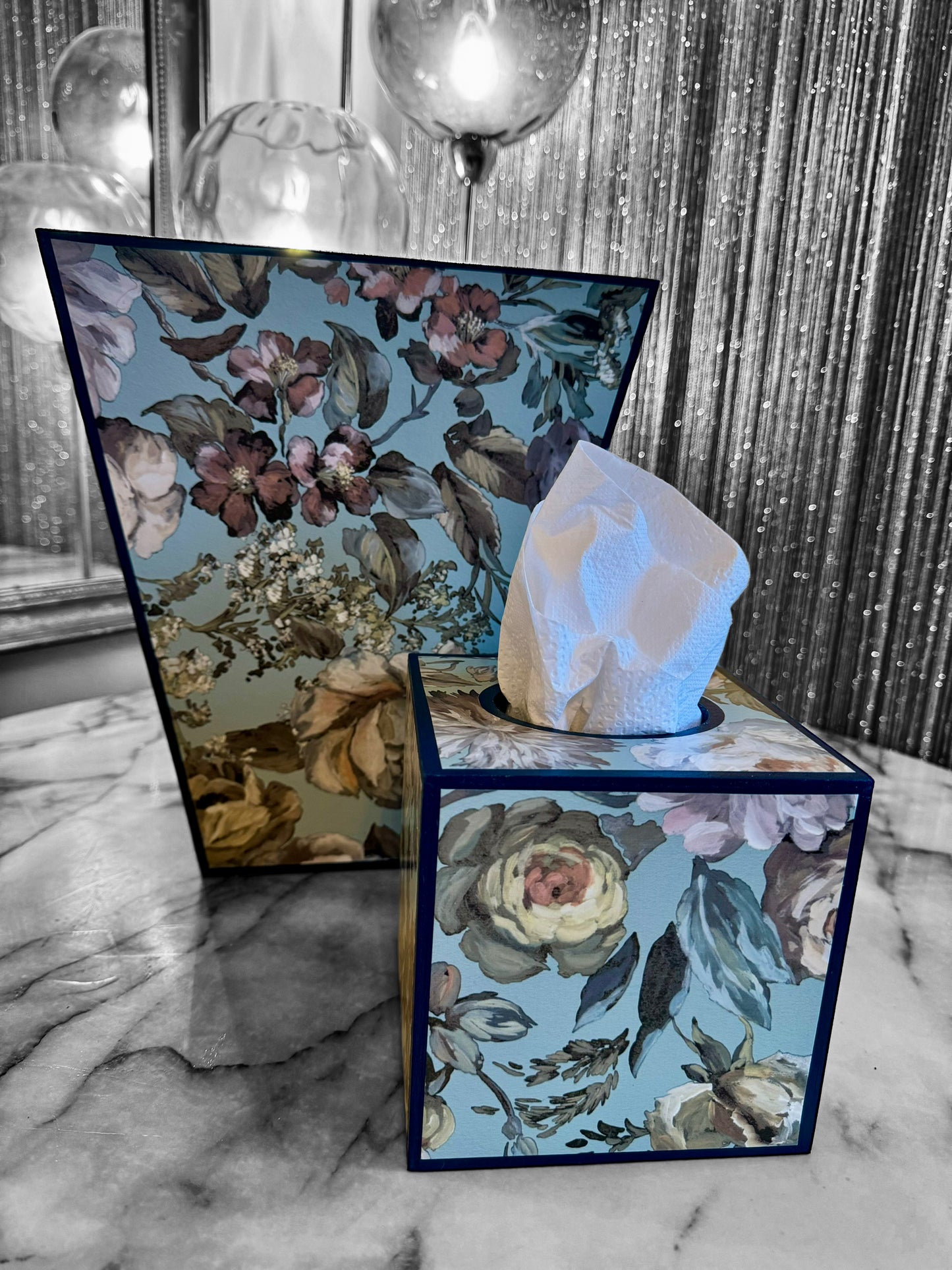 Brighton - Matching set - Waste paper bin & square or rectangle tissue box cover - Decoupage in Designers Guild/Mansur in Eau De Nil colourway