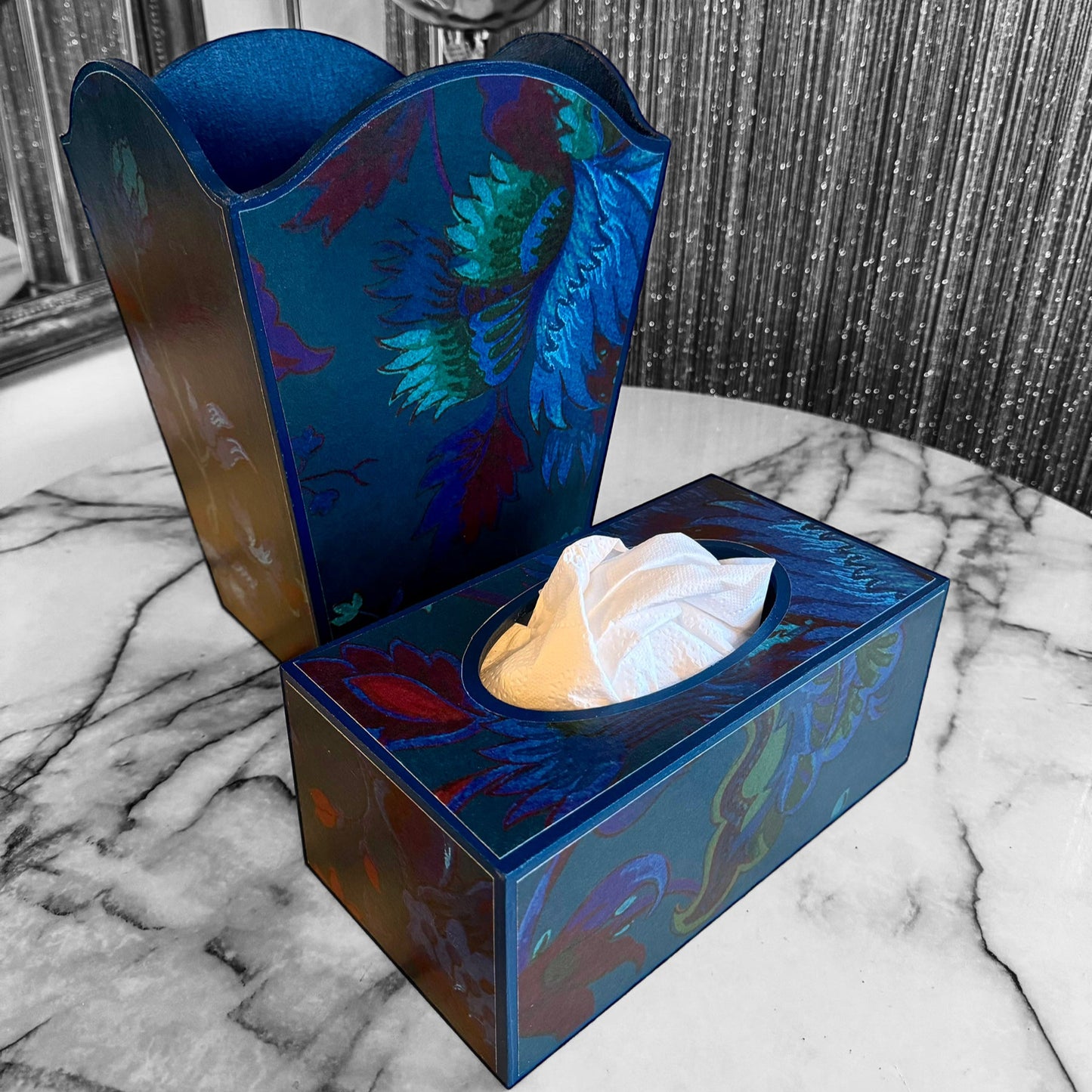 Dover - Matching set option for square or rectangle tissue box cover - Decoupage in Majorelle by House of Hackney in petrol colourway