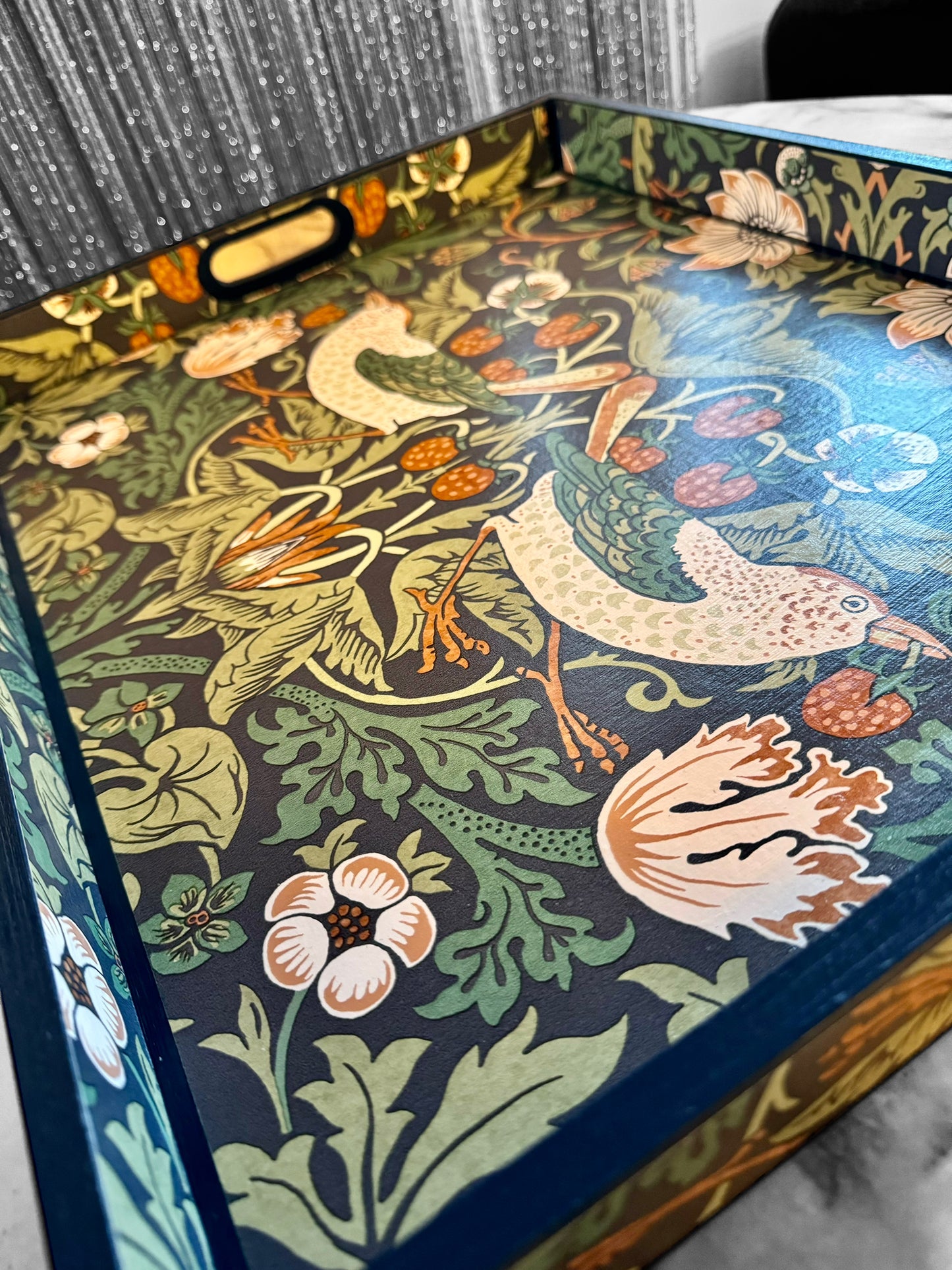 Weybridge - Ottoman tray available in 4 x sizes - Decoupage in William Morris Strawberry Thief in navy colourway