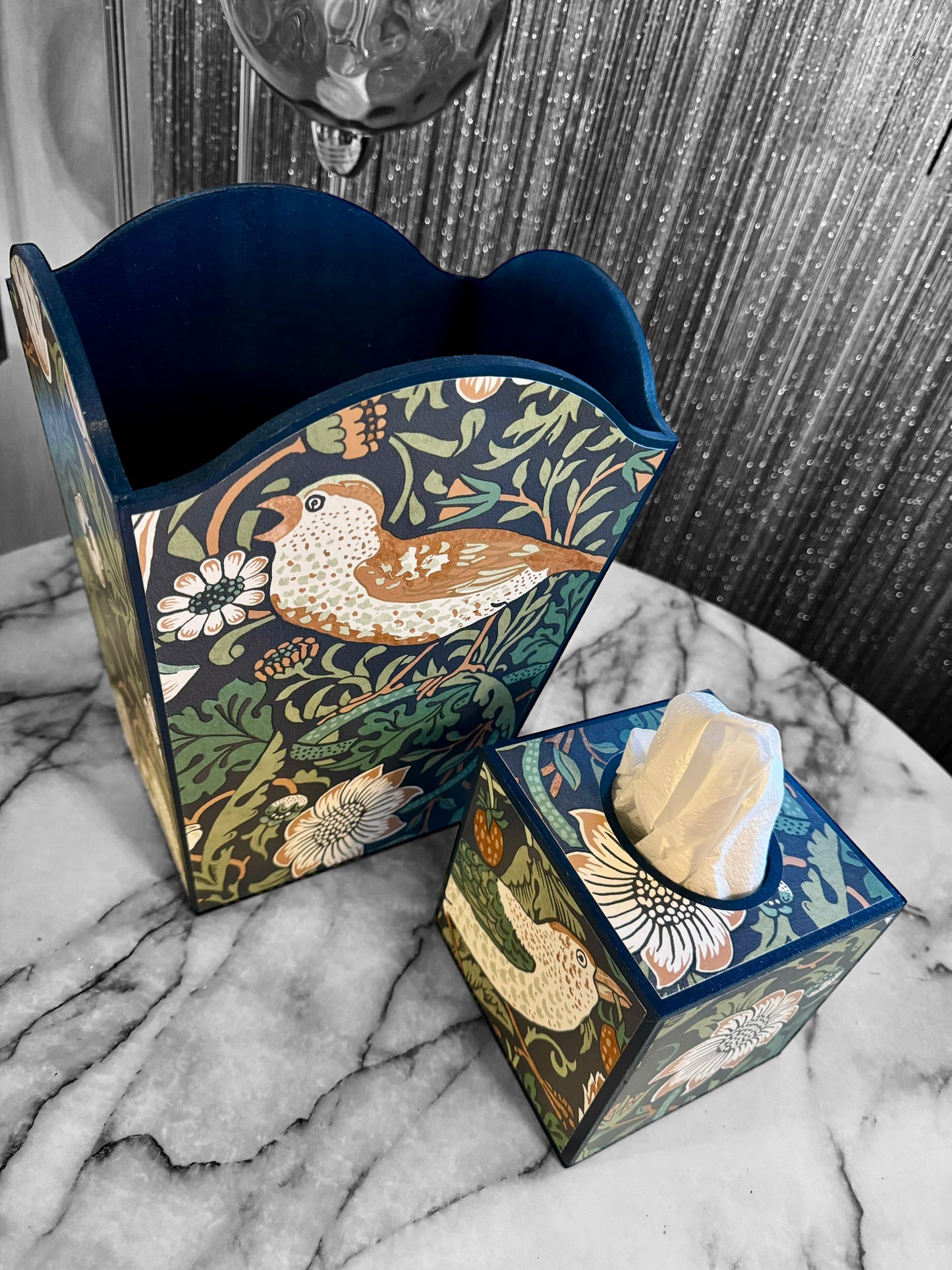 Weybridge - Matching set - option for square or rectangle tissue box cover Decoupage in William Morris Strawberry Thief in navy and green colourway