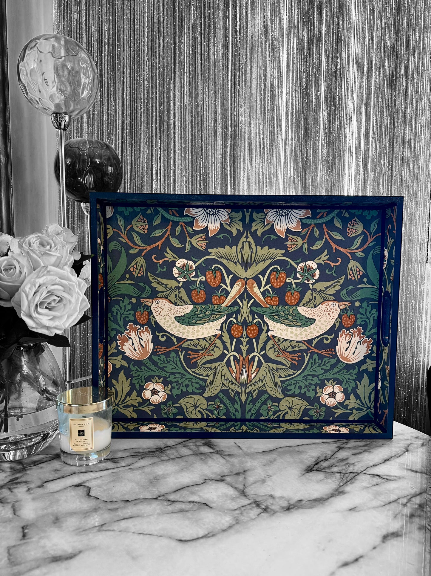 Weybridge - Ottoman tray available in 4 x sizes - Decoupage in William Morris Strawberry Thief in navy colourway