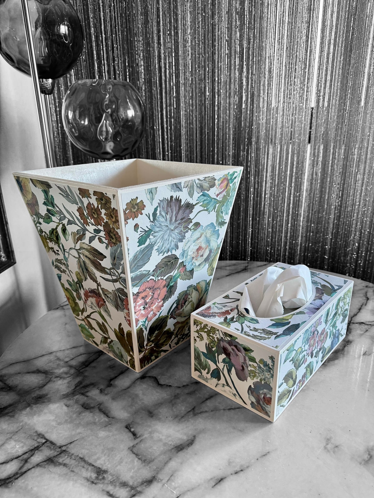 Hove - Matching set - Waste paper bin and square or rectangle tissue box cover - Decoupage in Designers Guild Mansur zinc colour way