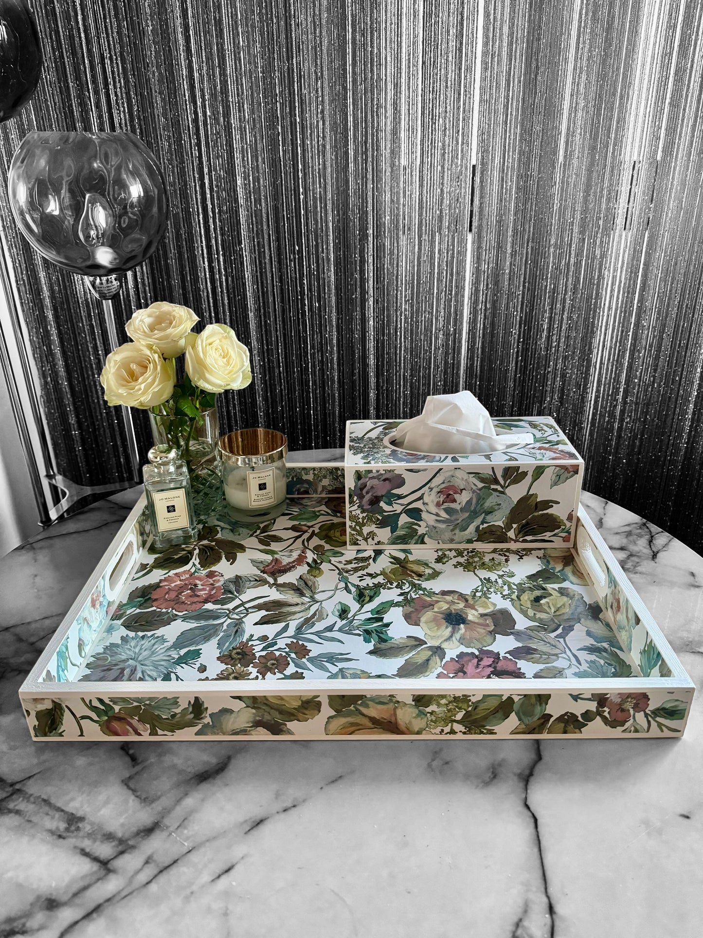 Designers Guild Mansur white floral tray,xl tray,ottoman tray,footstool tray,decoupage tray.Handmade in 5 X SIZES mothers day gift