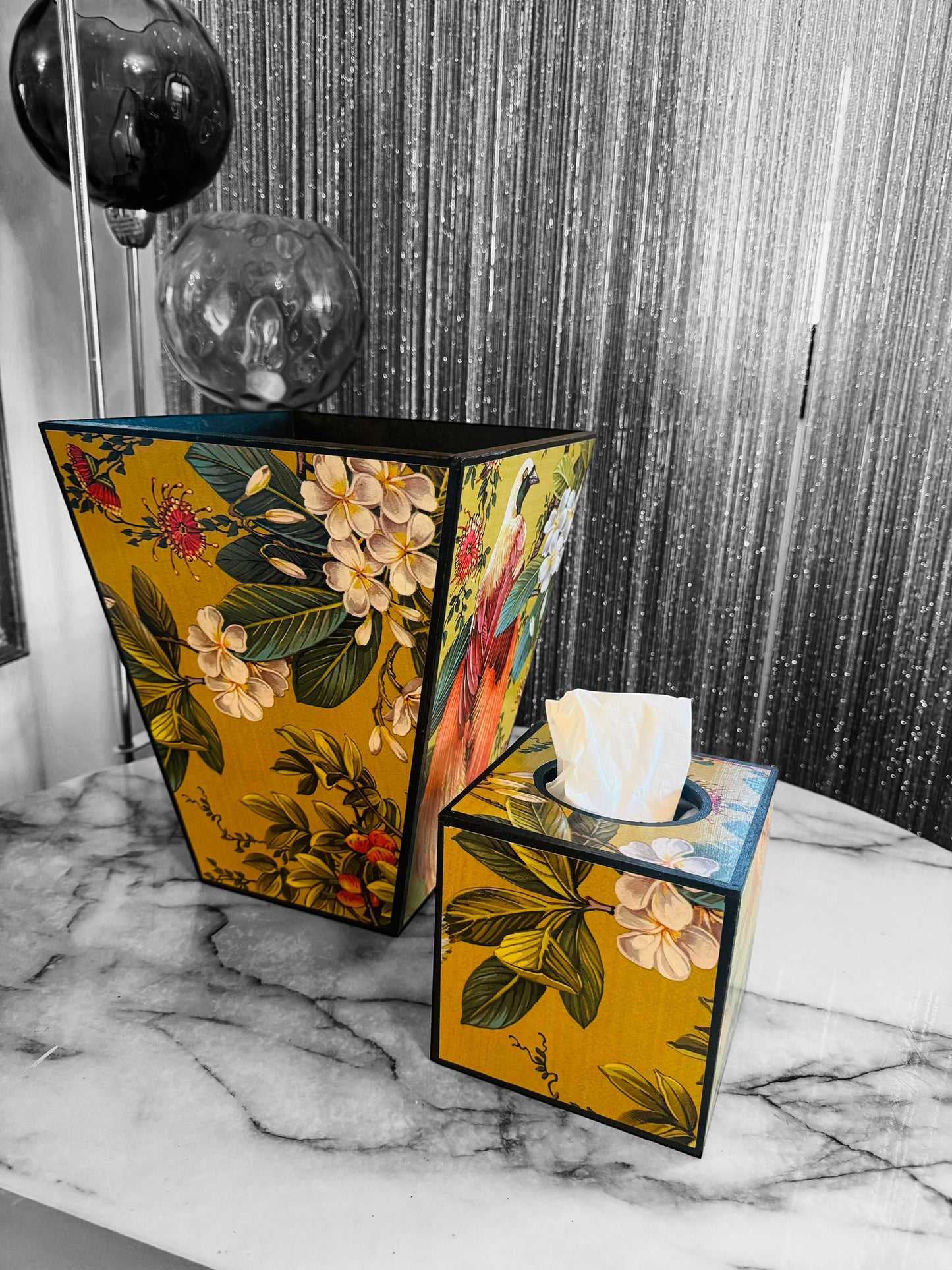Greenwich - Matching set - Waste paper bin and square or rectangle tissue box cover - Decoupage in Songbird oriental in gold colourway