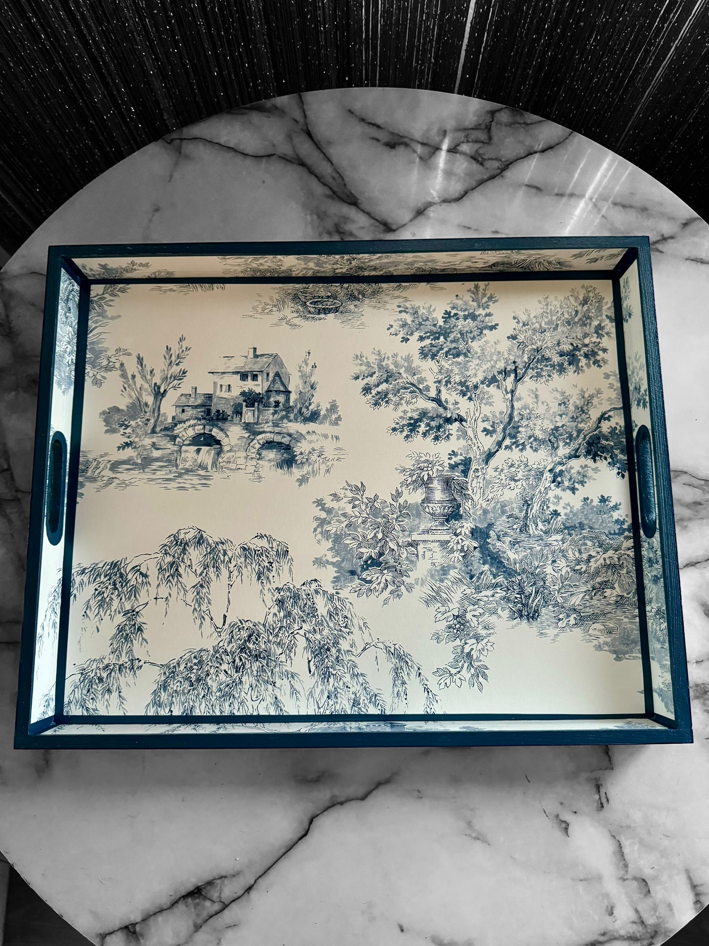 Paris - Ottoman tray available in 4 x sizes - Decoupage in Navy Toile de Jouy in navy colourway