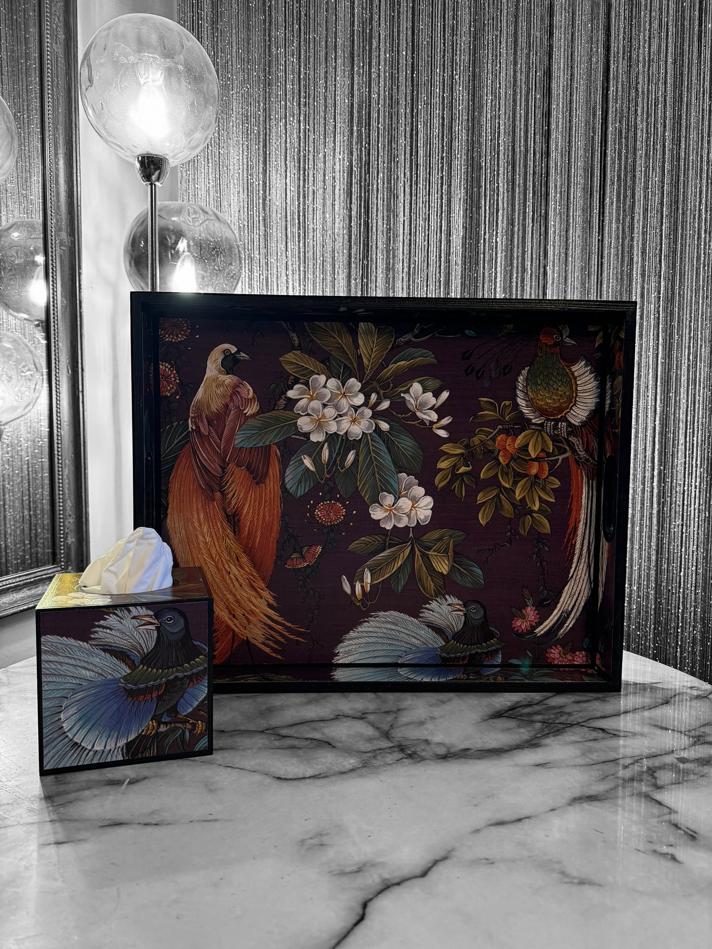 Dulwich - Ottoman tray in 4 x sizes - Decoupage in Songbird oriental in purple colourway