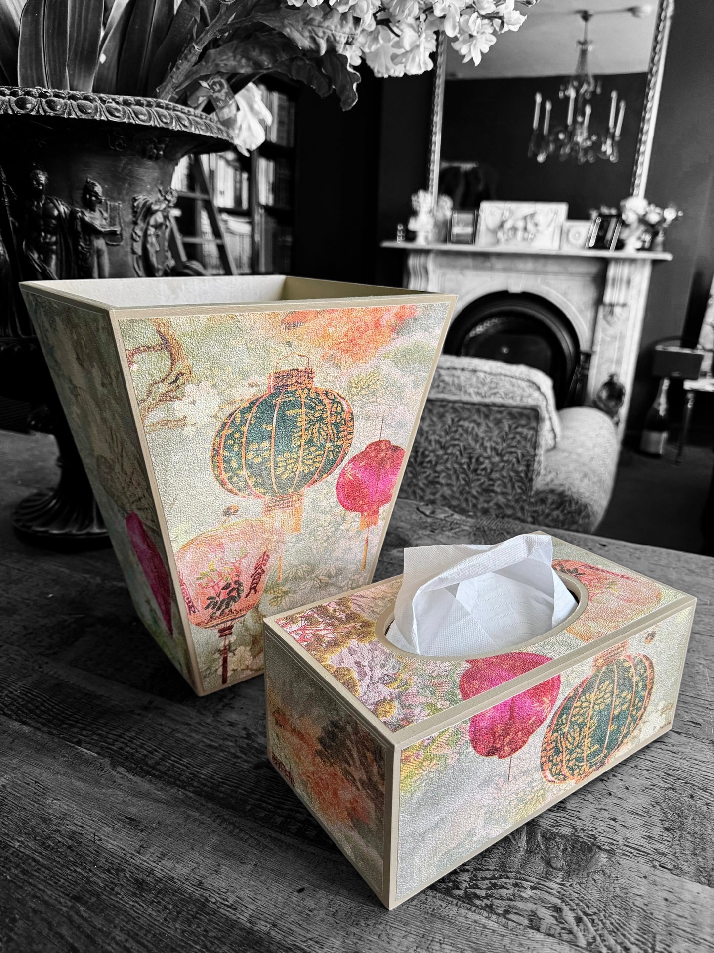 Tokyo - Waste paper bin and matching tissue box cover - Decoupage in intricate Japanese garden inspired textured paper