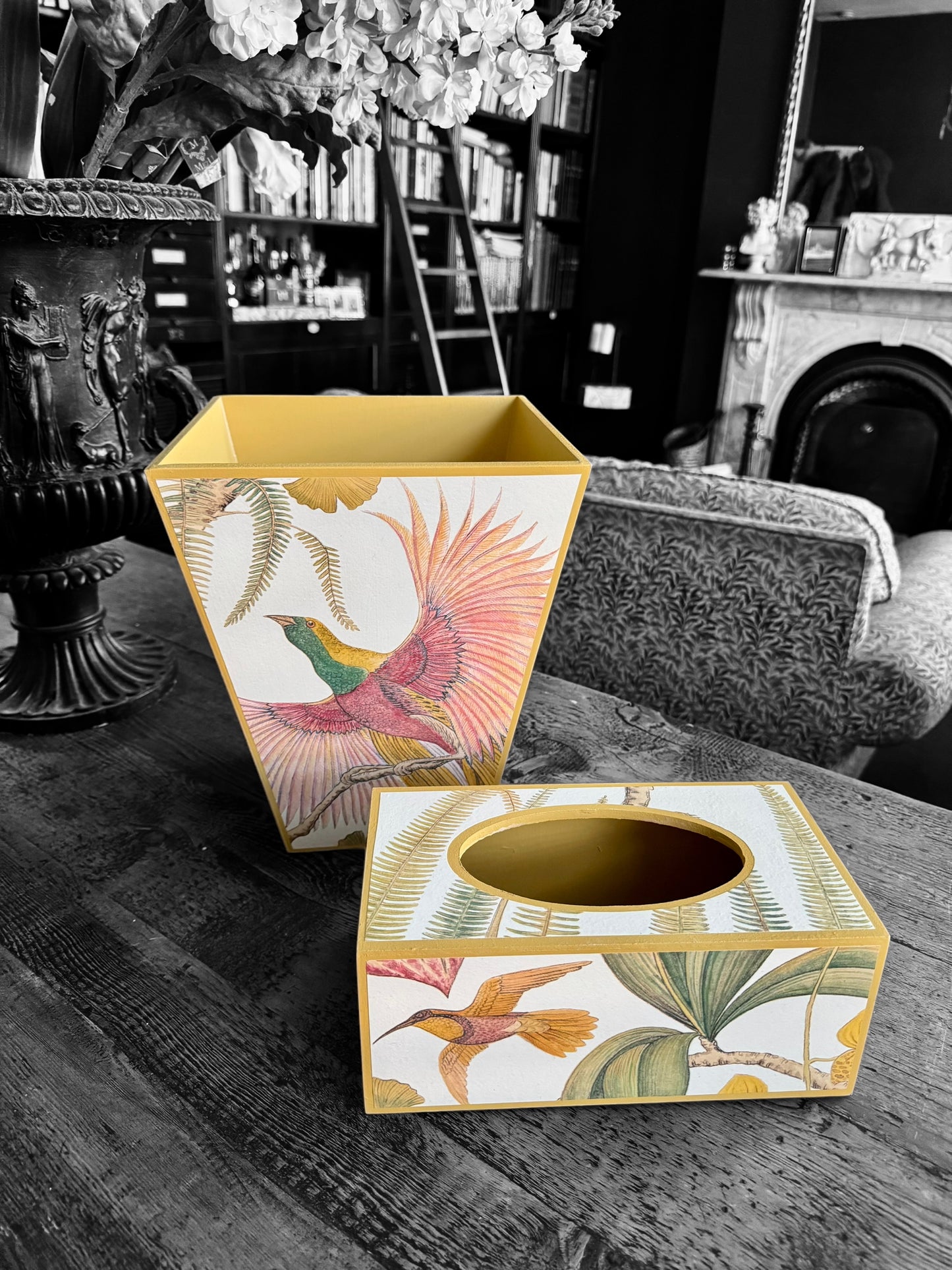 Kew *Spring 25 edition* Waste paper bin & matching tissue box cover - Decoupage in Bird of Paradise by Sanderson in Olive colourway