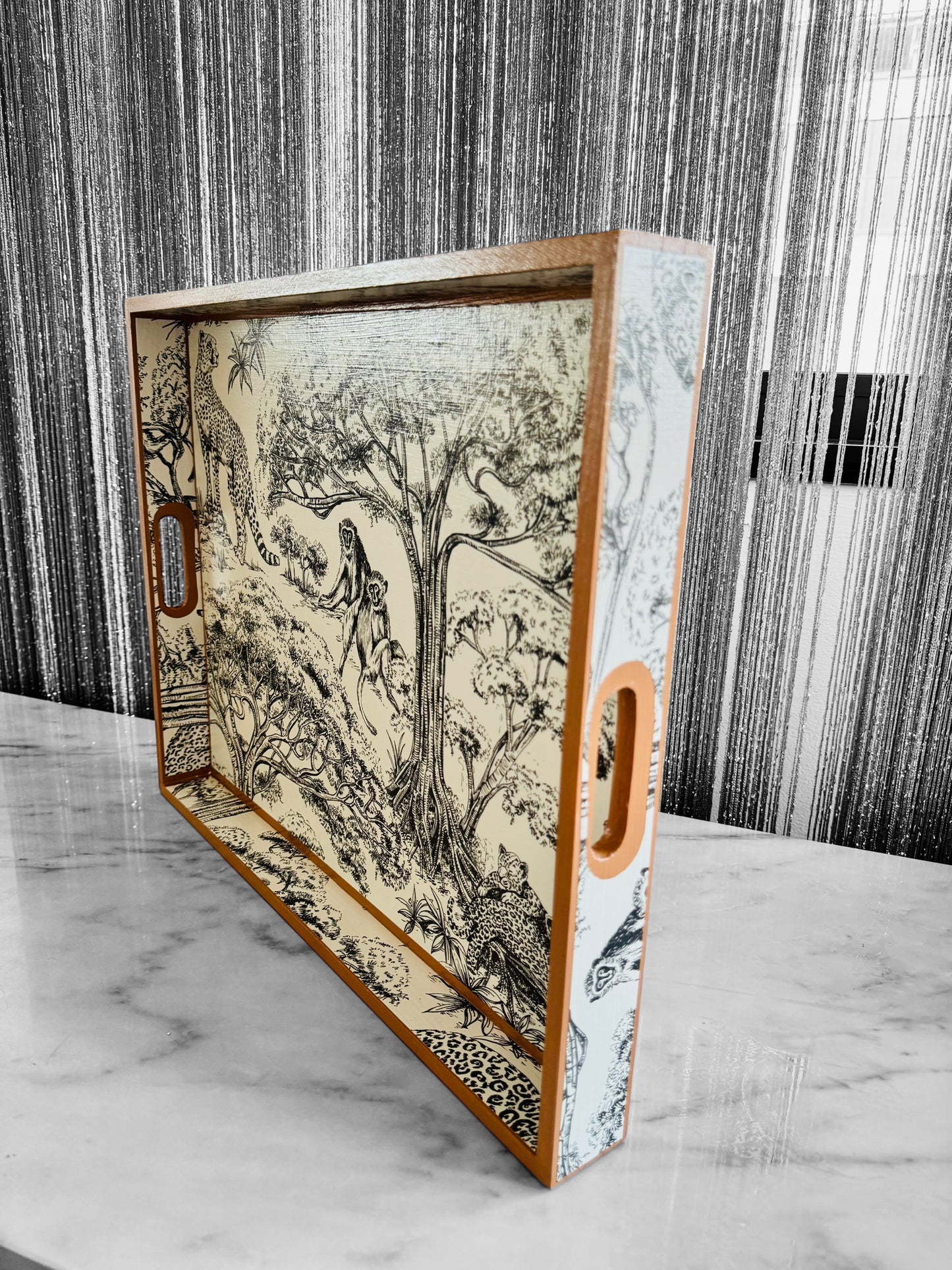 Cape Town - Ottoman tray available in 4 x sizes - Decoupage in Clarke & Clarke Kisumu in black/white colour way