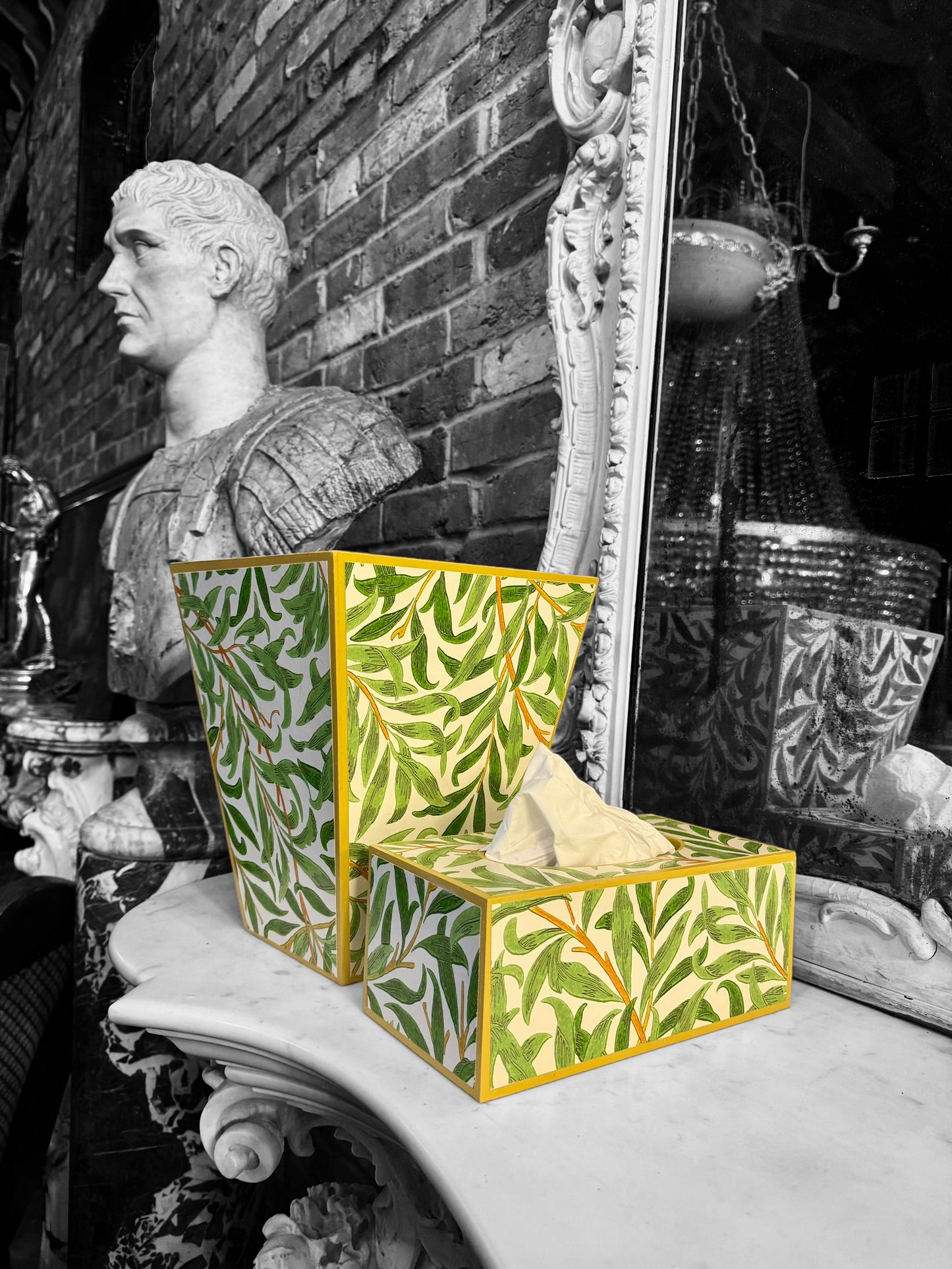 Broadstairs - Matching set - Waste paper bin and square or rectangle tissue box cover - Decoupage in William morris Willow Boughs by Morris & co in spring colourway
