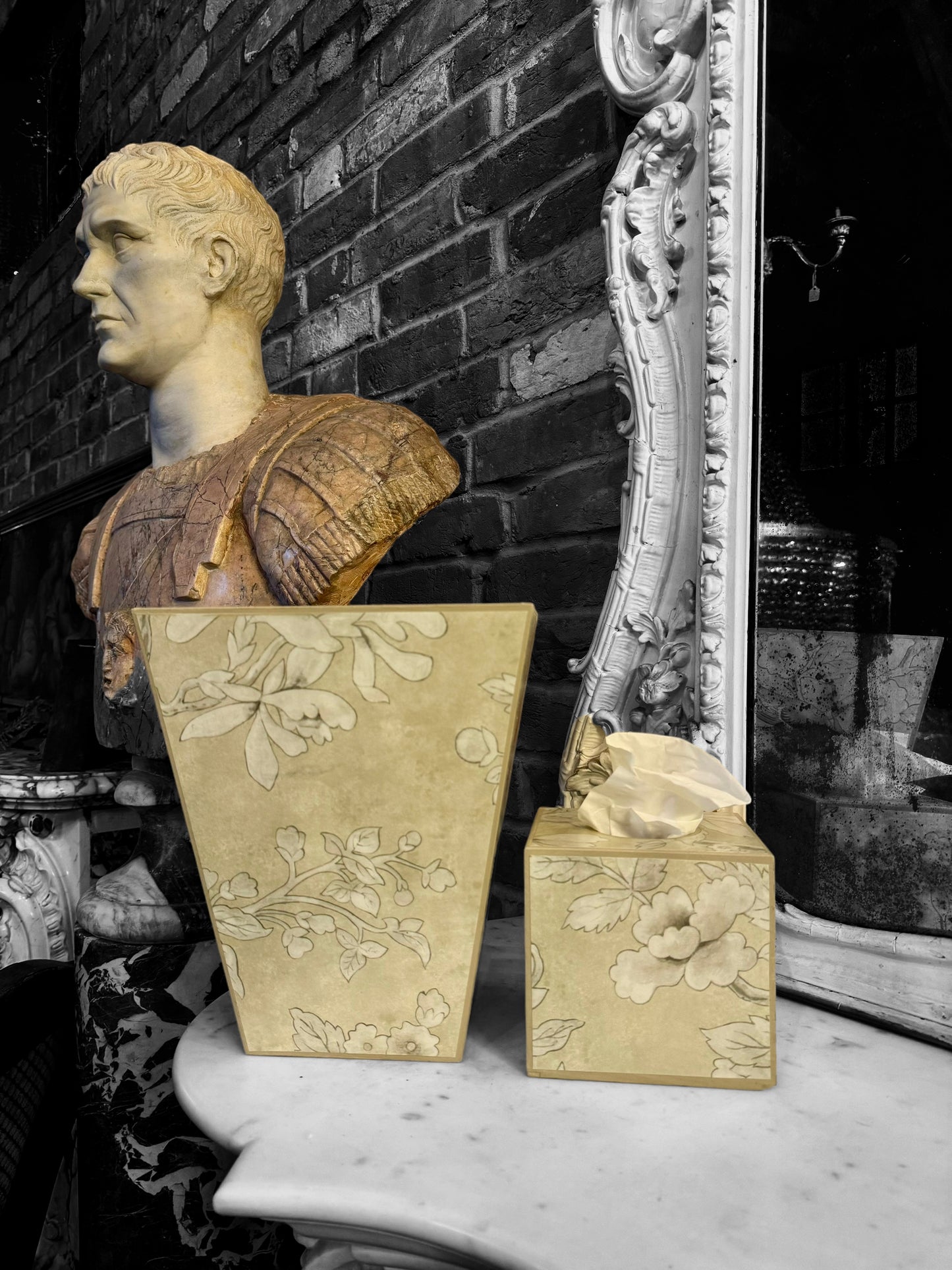 Chiswick - Matching set - Waste paper bin and square or rectangle tissue box cover - Decoupage in Chiswick Grove by sanderson in gold colourway
