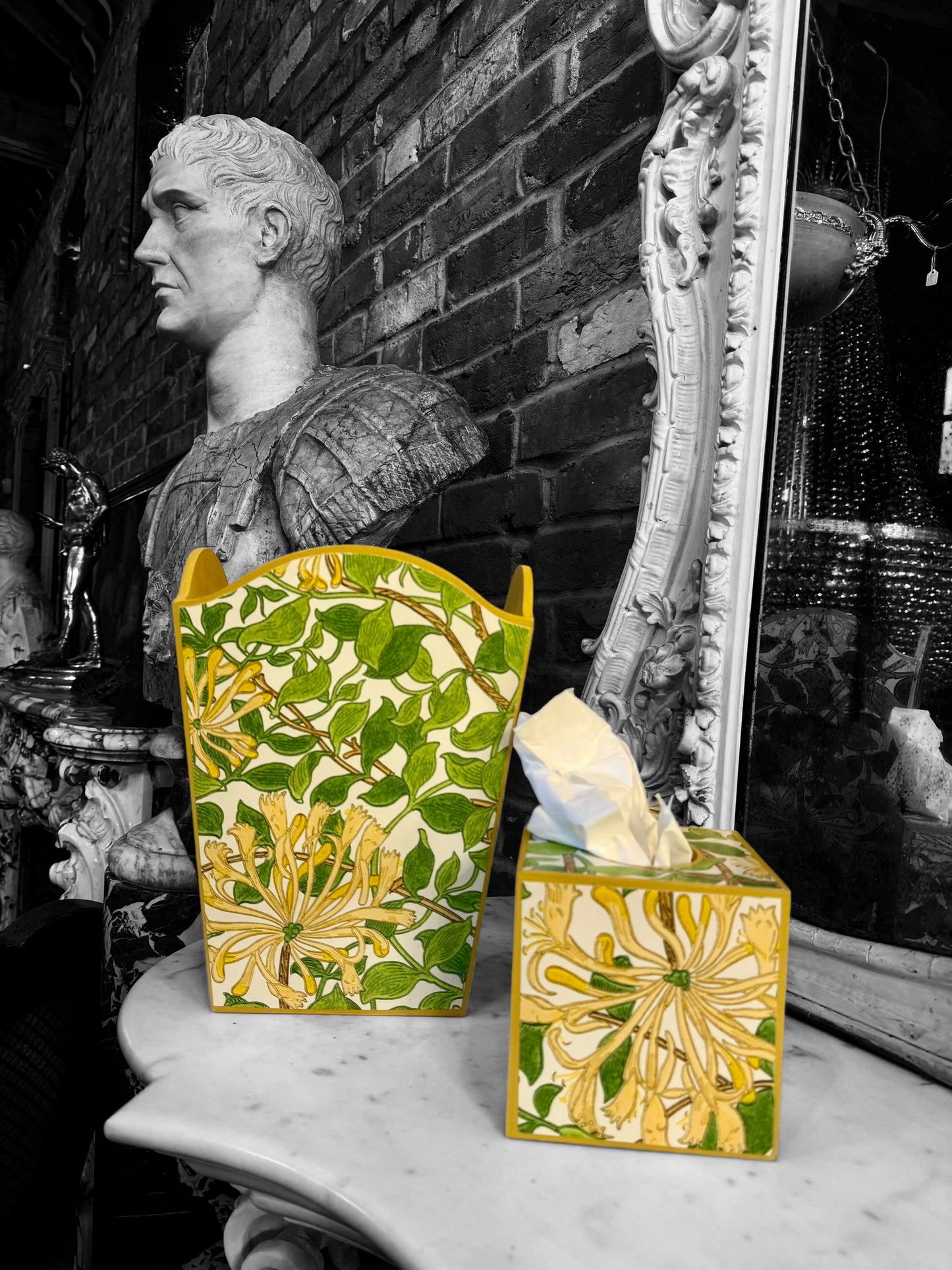 Dalston - Matching set - Waste paper bin and square or rectangle tissue box cover - Decoupage in William Morris Honeysuckle by Morris & co in cream and chocolate colourway