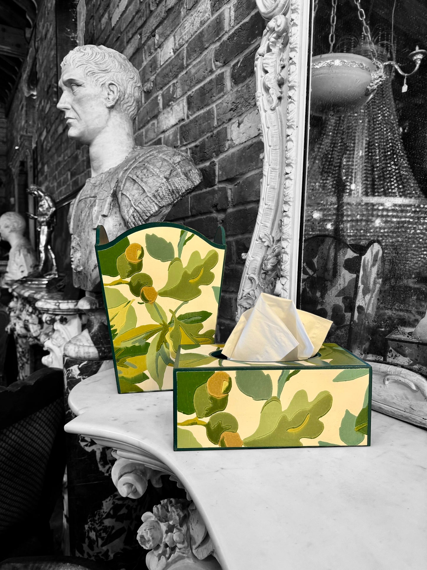 Kent - Matching set - Waste paper bin & square or rectangle tissue box cover - Decoupage in Robin's Wood by Sanderson in botanical colourway