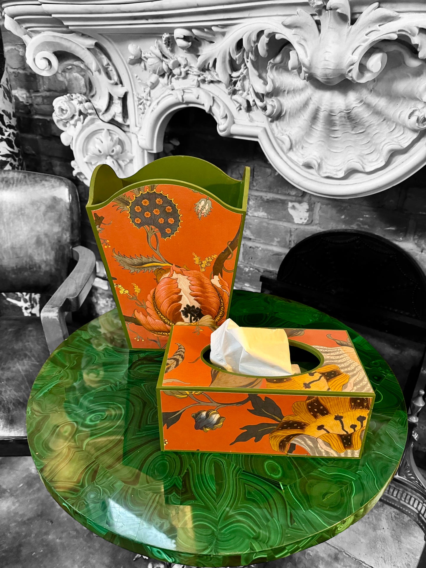 Shoreditch - Matching set - Waste paper bin & square or rectangle tissue box cover - Decoupage in Artemis by House of Hackney in Sienna colourway