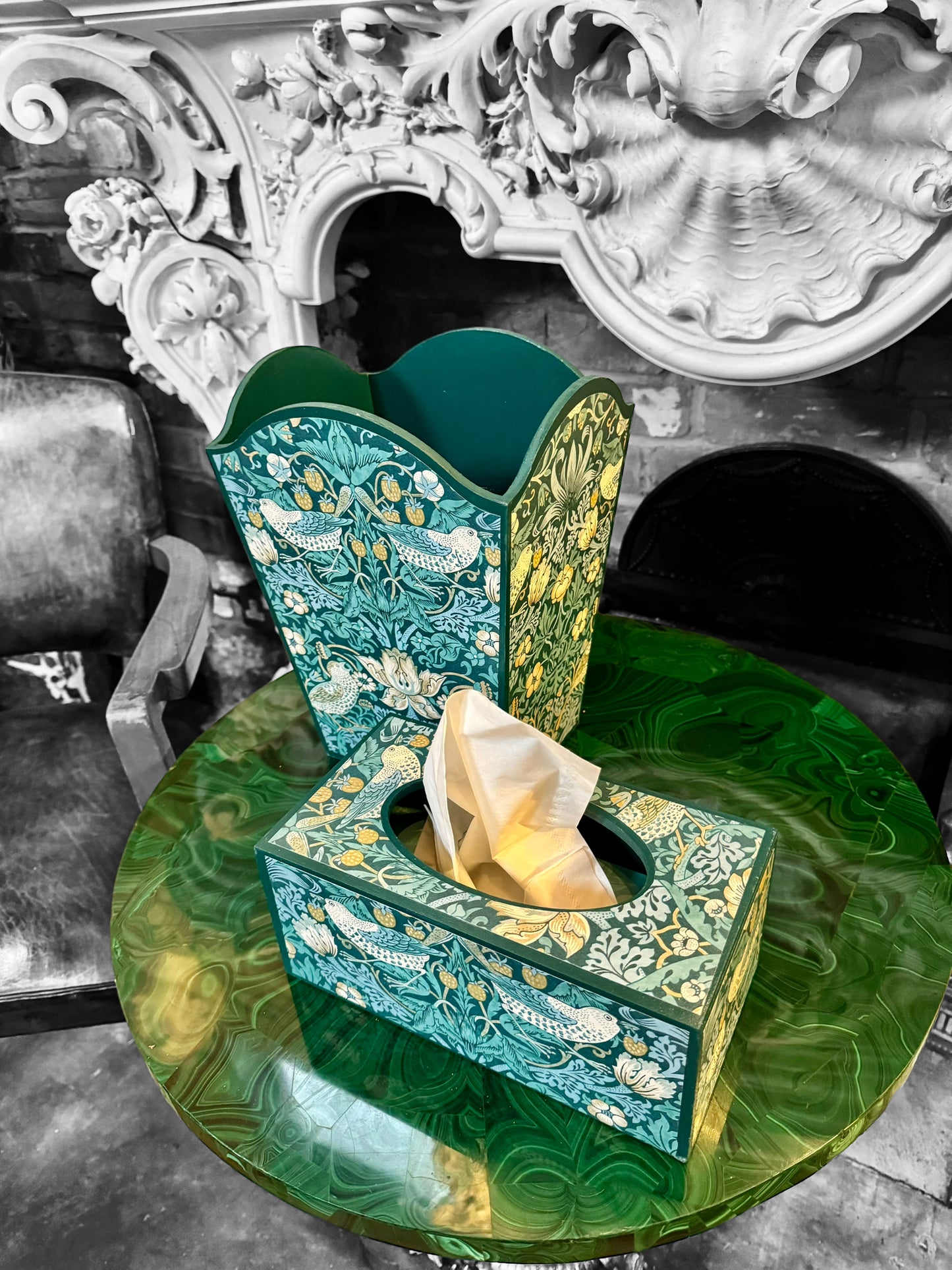 Kelmscott - Matching set - Waste paper bin and square or tissue box cover - Decoupage in William Morris Strawberry Thief by Clarke & Clarke in Teal colourway
