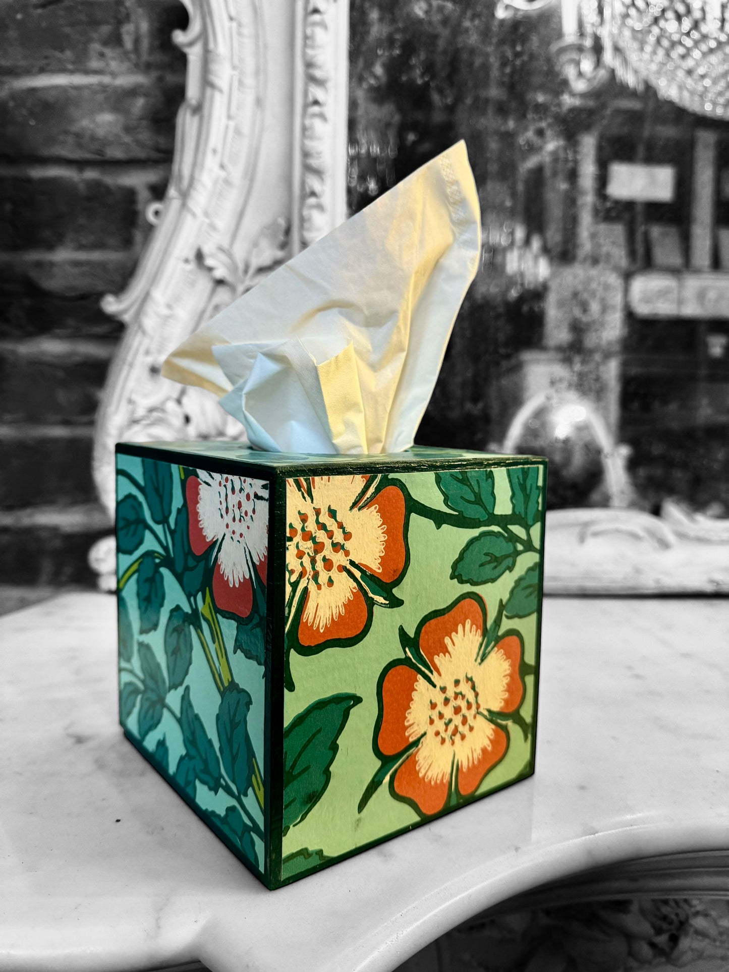 Featured in BRITISH VOGUE Norfolk waste paper bin & square tissue box cover aqua, teal,green,pink. Handmade by Beatrice Bloom London